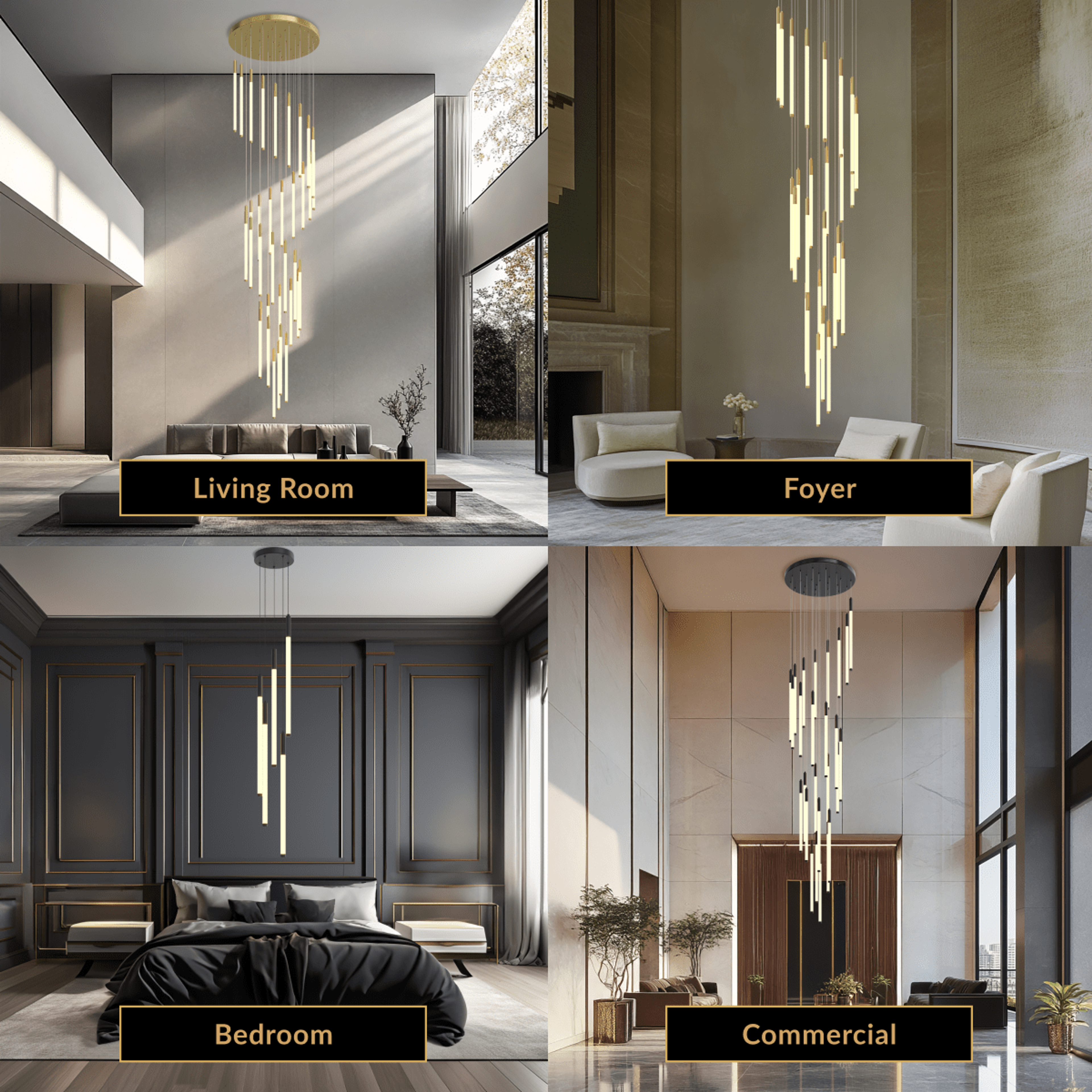 Kasper gold cascade chandelier of slim vertical LED bars shown in living room, foyer, bedroom, commercial
