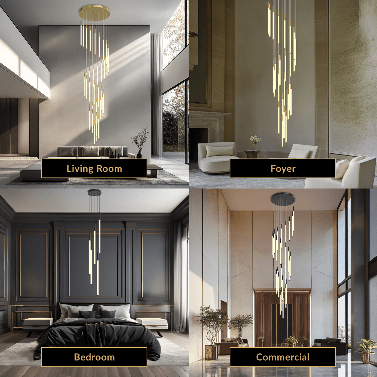 Kasper gold cascade chandelier of slim vertical LED bars shown in living room, foyer, bedroom, commercial