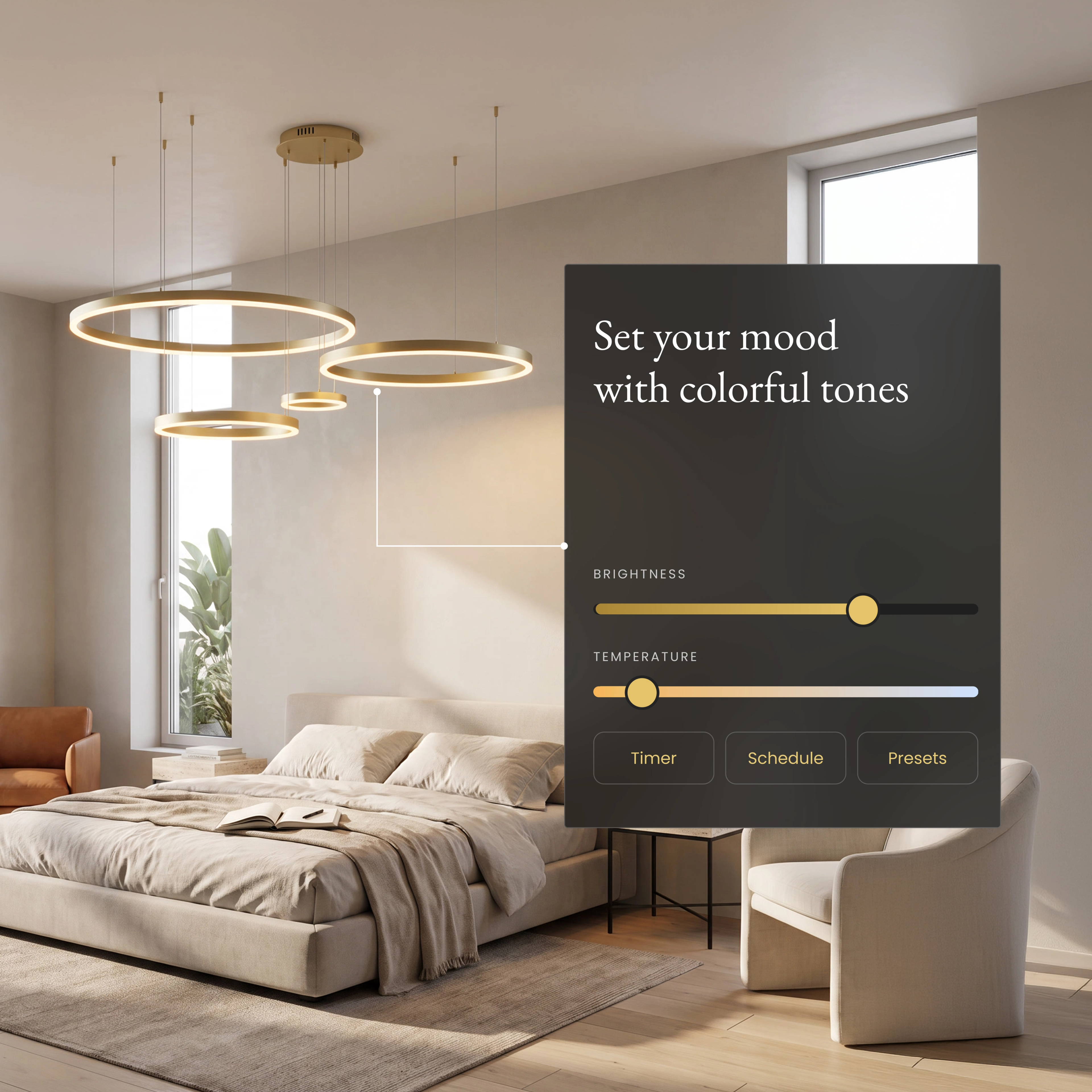 Charlotte Smart ring chandelier in a bedroom beside an app panel for brightness and color temperature