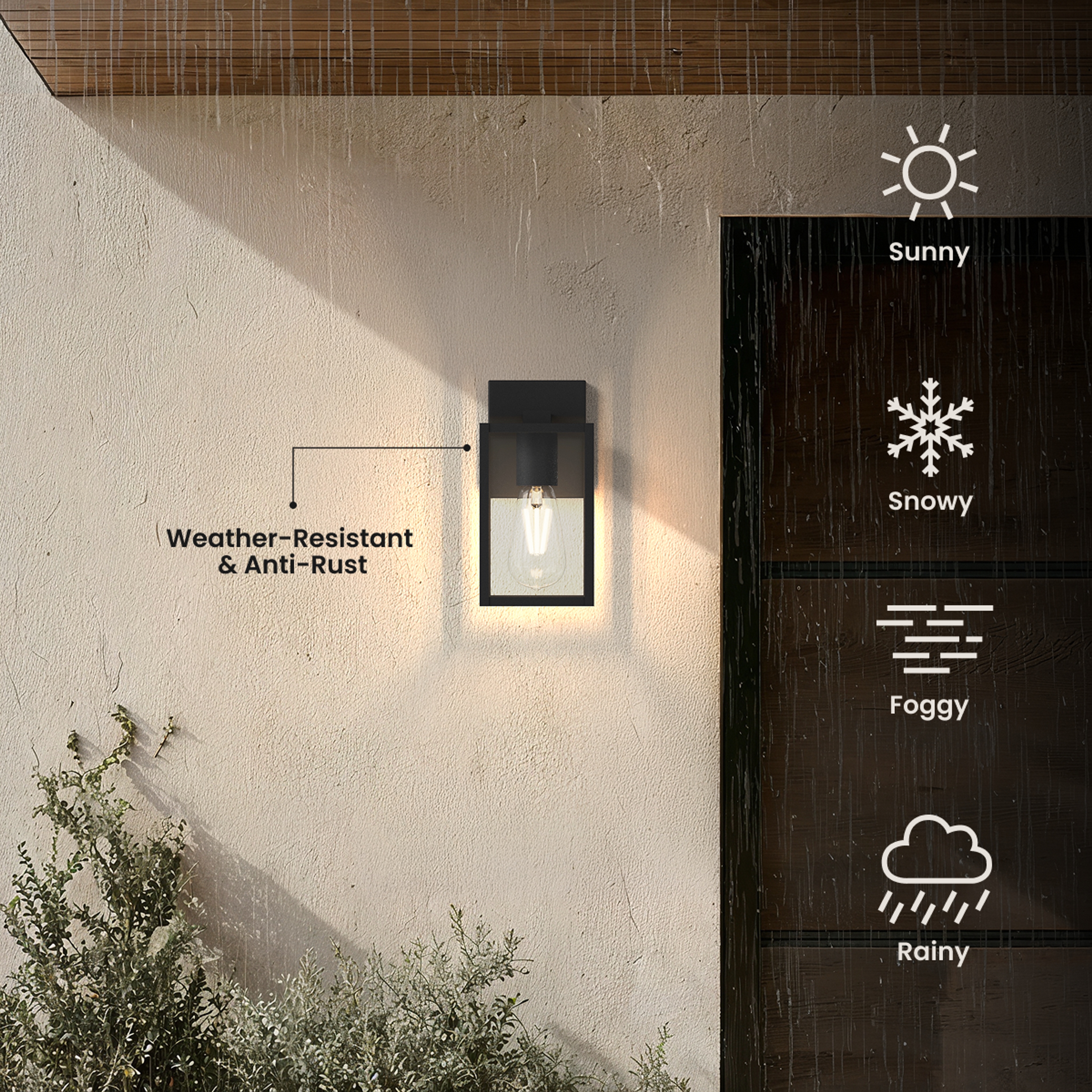 Rae black outdoor sconce with clear glass glowing warm, shown weather-resistant across four climates