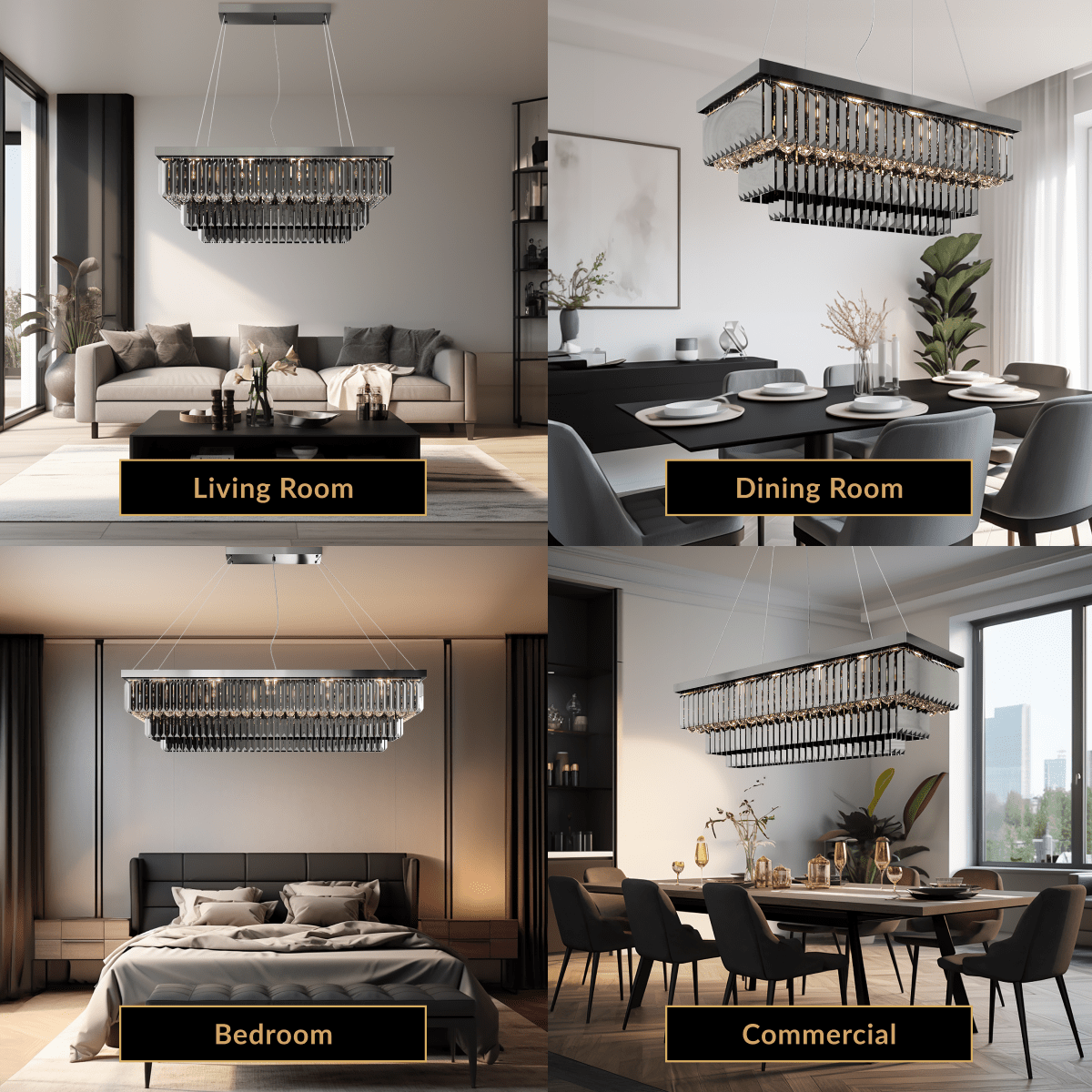 Umbra black crystal chandelier shown in living room, dining room, bedroom and commercial settings