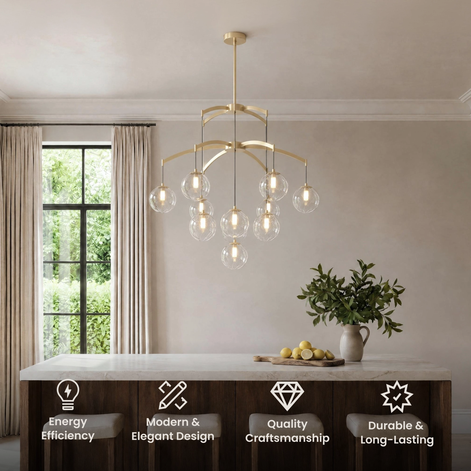 Mirella Chandelier, six clear glass globes on a brass sputnik frame, in a living room