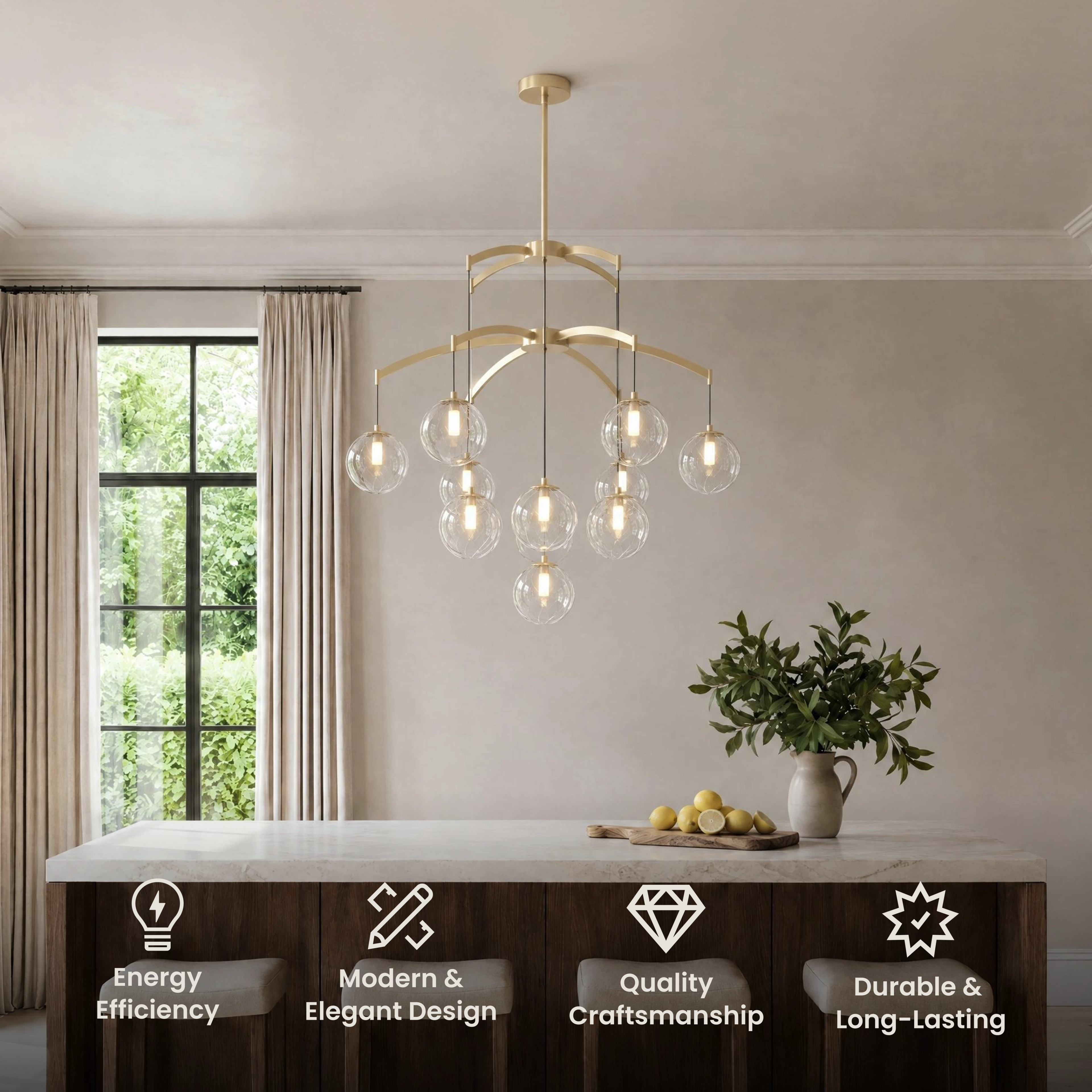 Mirella Chandelier, six clear glass globes on a brass sputnik frame, in a living room