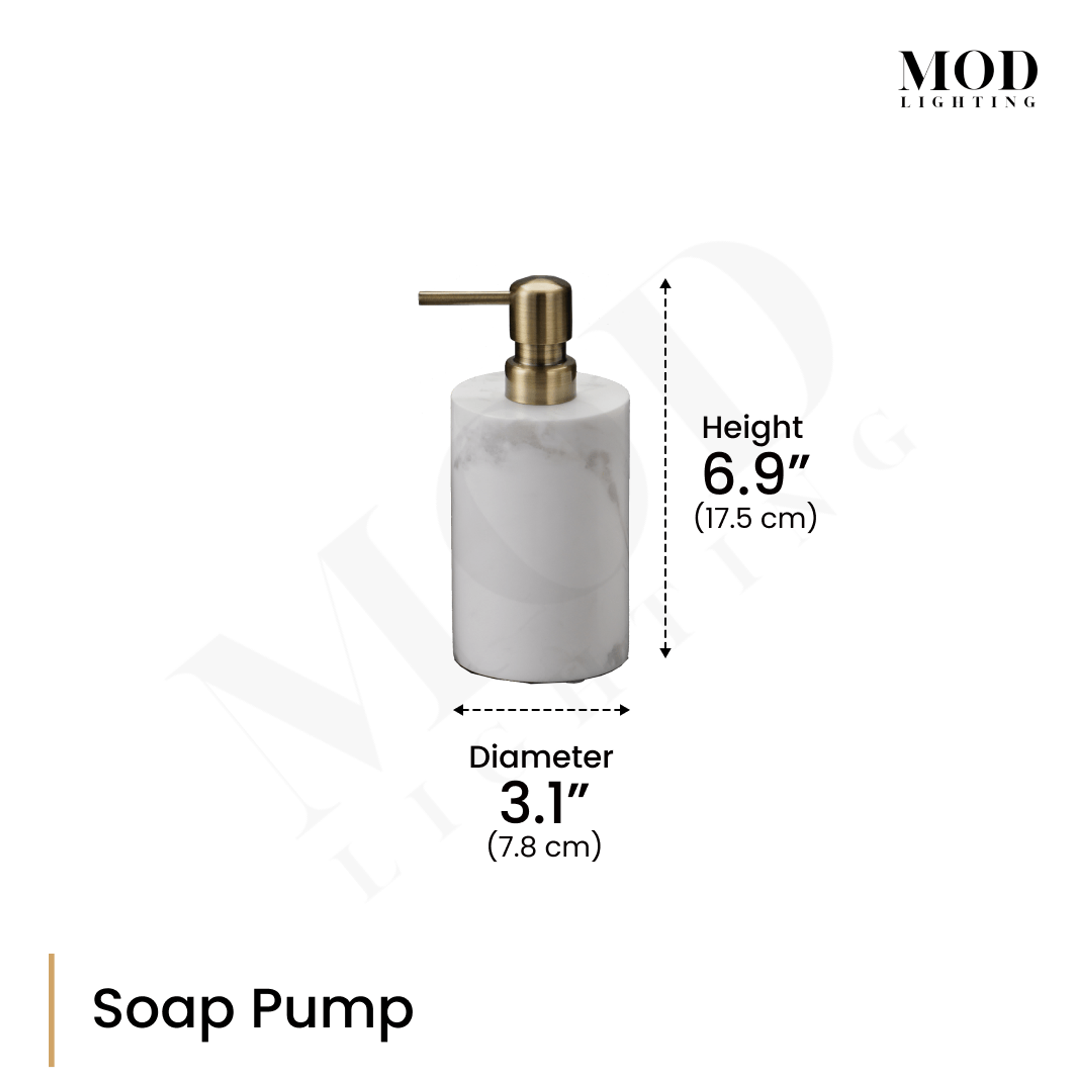 Jazz White Marble Bath Set soap pump, dimension diagram of the white marble pump with gold top: 6.9 in high, 3.1 in diameter