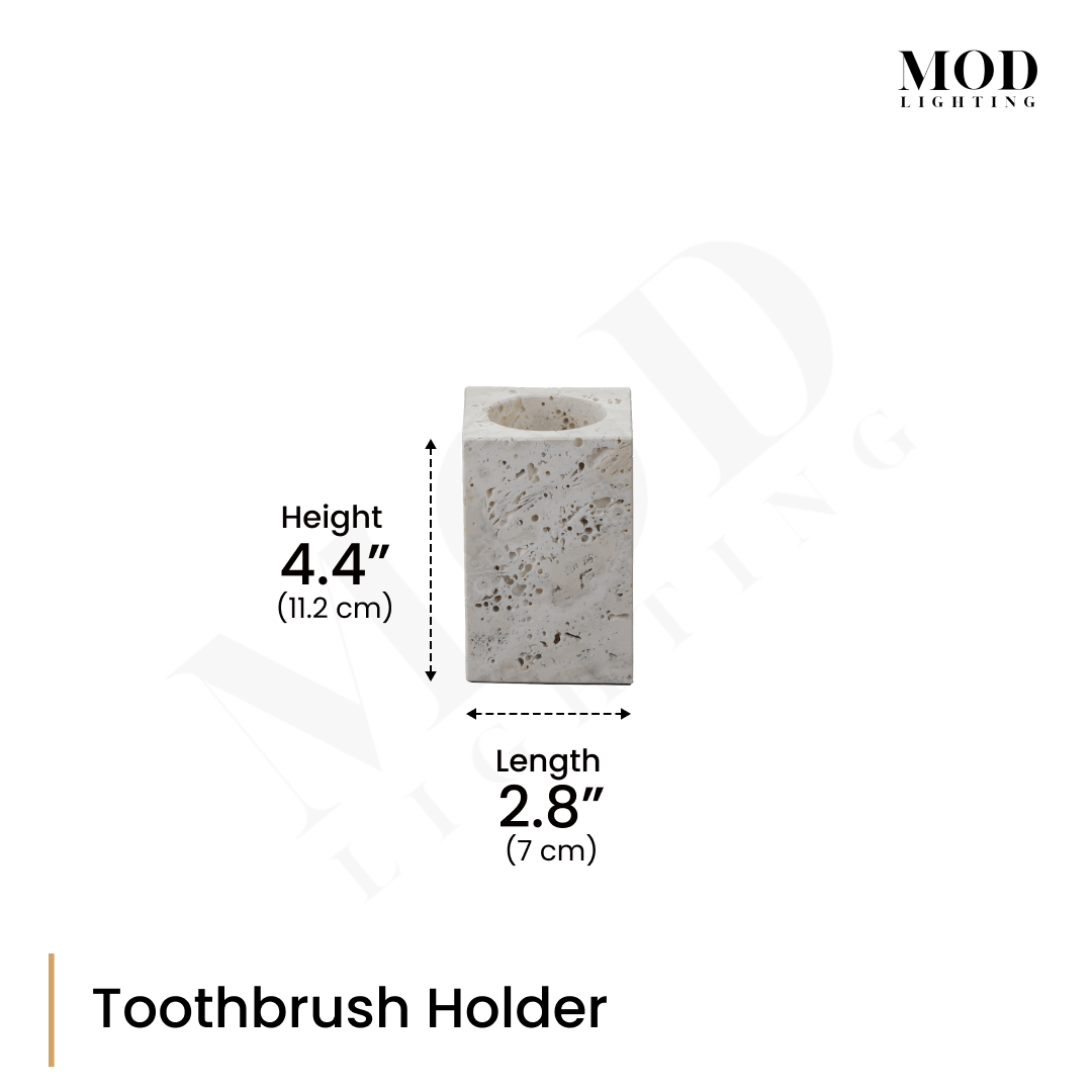 Alabaster Travertine toothbrush holder, cream stone square cup, dimension diagram: 4.4 in H, 2.8 in L