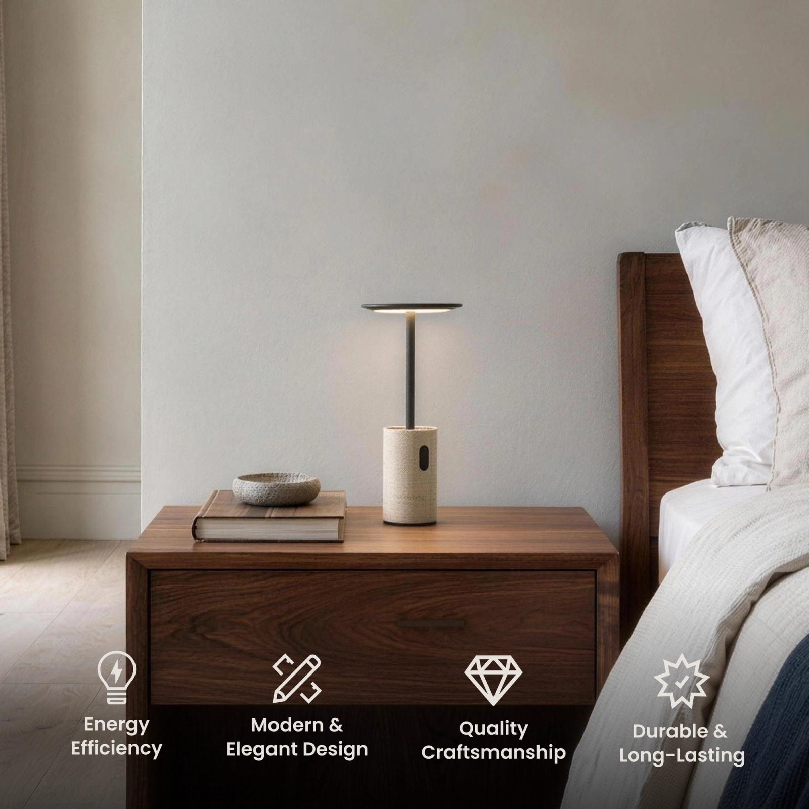 Vera rechargeable table lamp, black disc shade on a slim stem over a travertine stone base