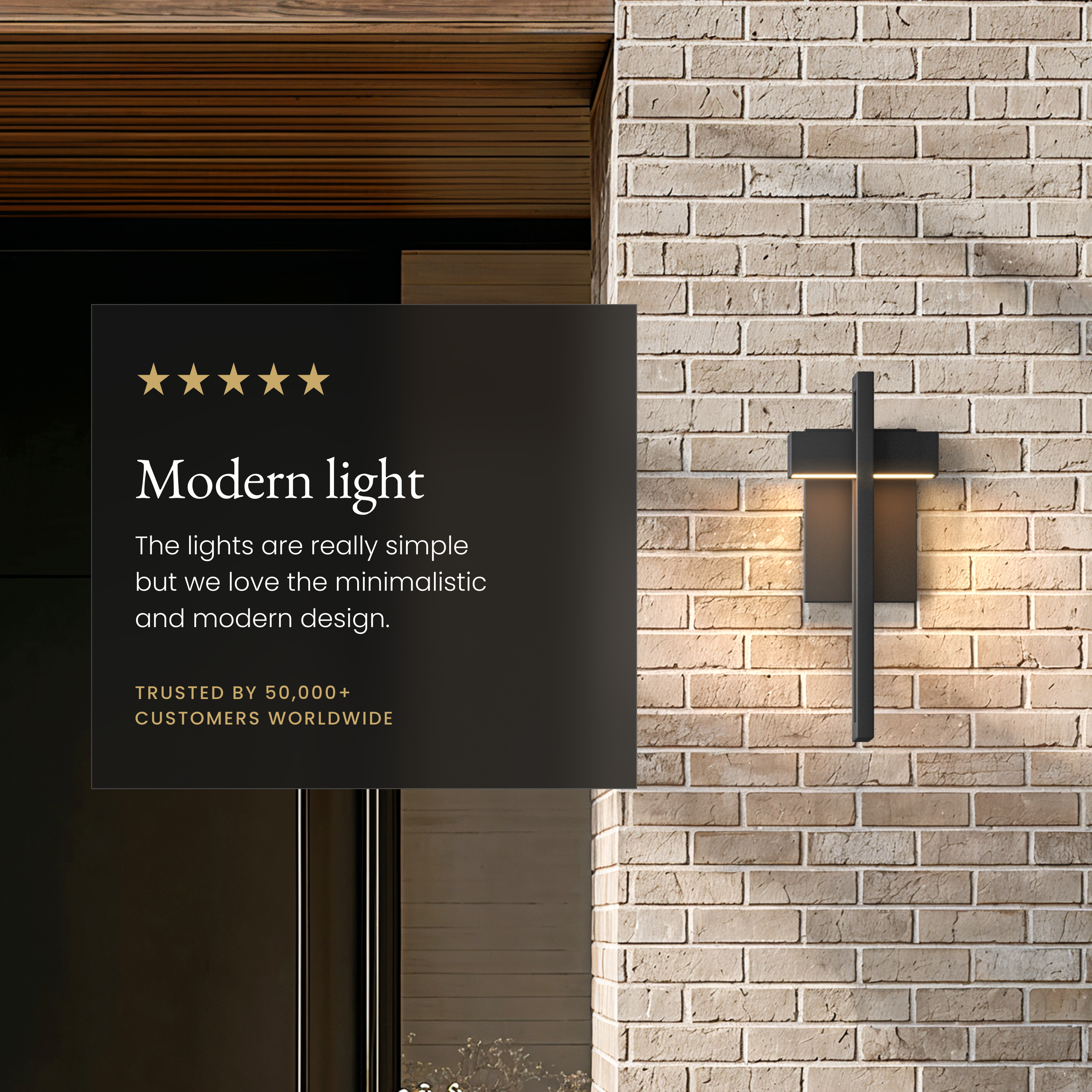 Terri Smart black outdoor sconce on a brick wall beside a five-star customer review
