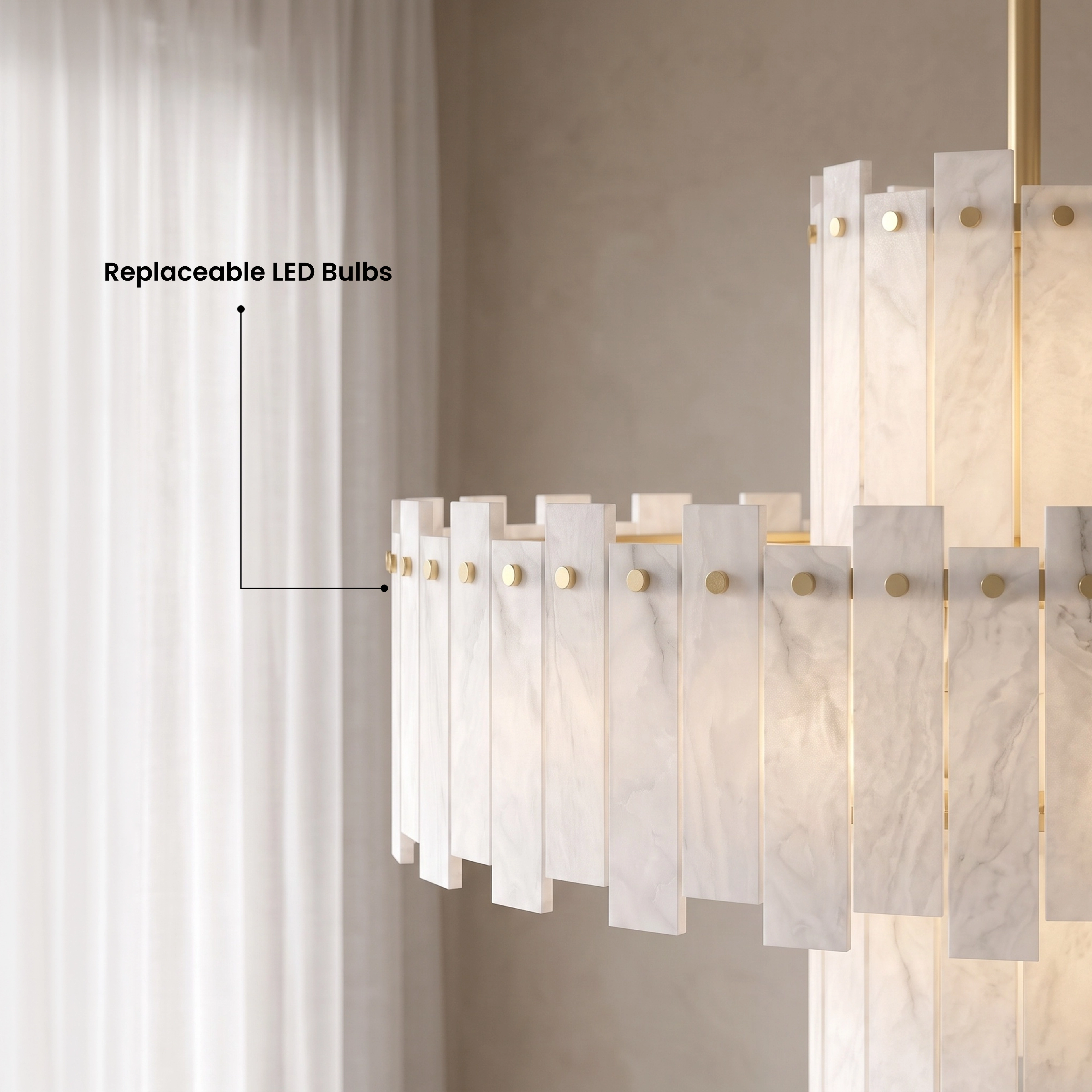 Velina gold alabaster chandelier hung over a desk in a warm-toned home office