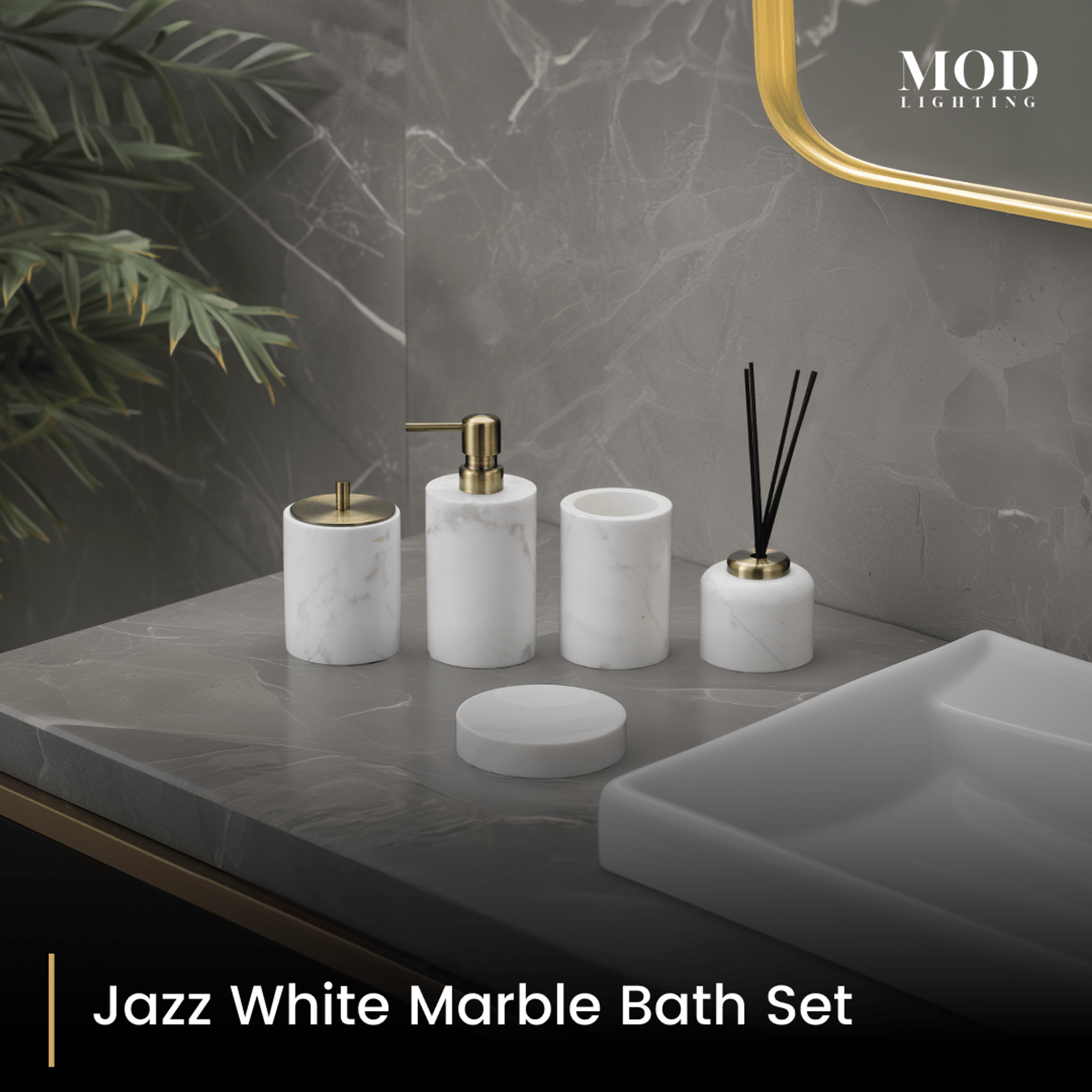 Jazz White Marble Bath Set, white marble soap pump, holder, jar and reed diffuser with gold accents on a grey vanity