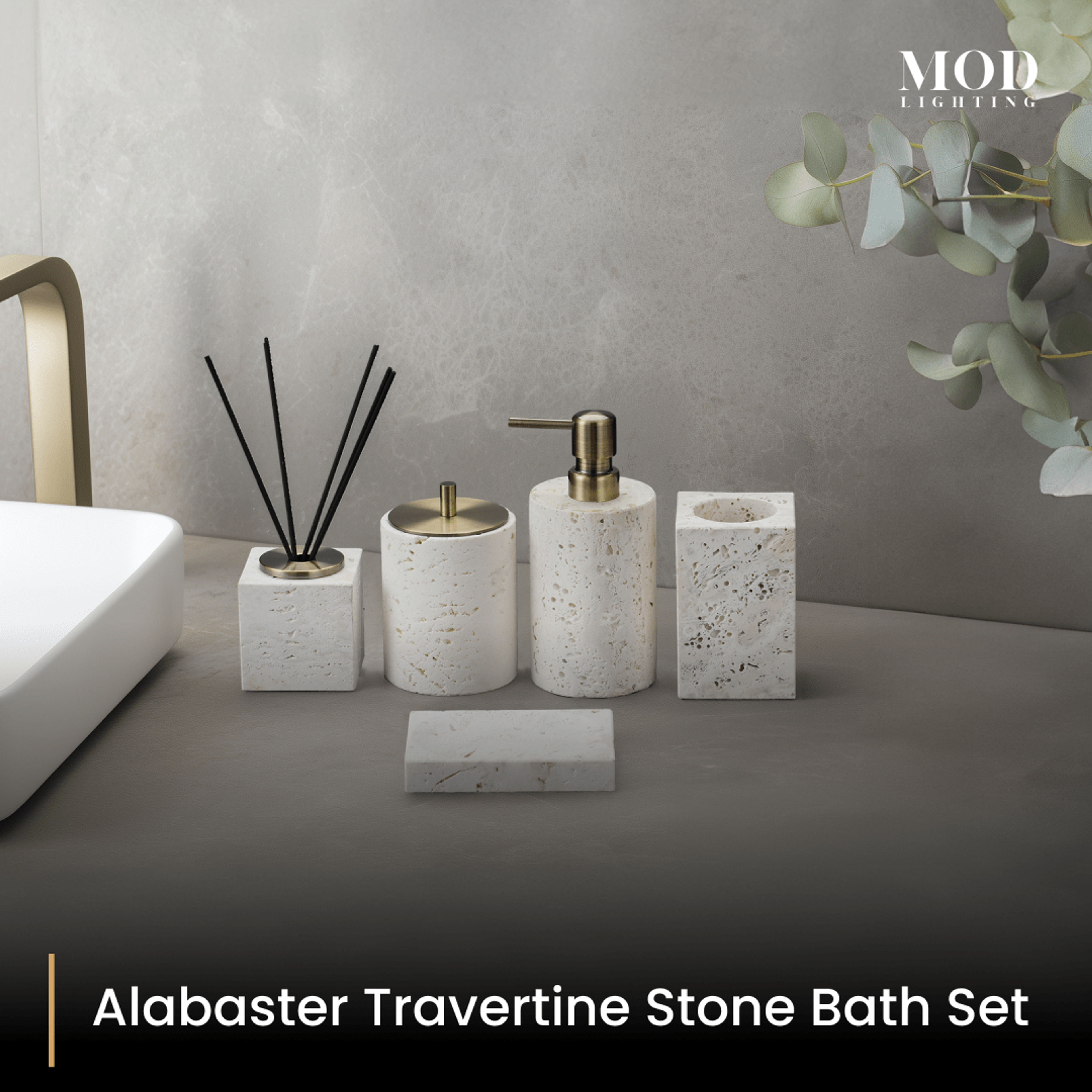 Alabaster Travertine bath set, cream stone pump, jar and diffuser with soap dish on a grey counter