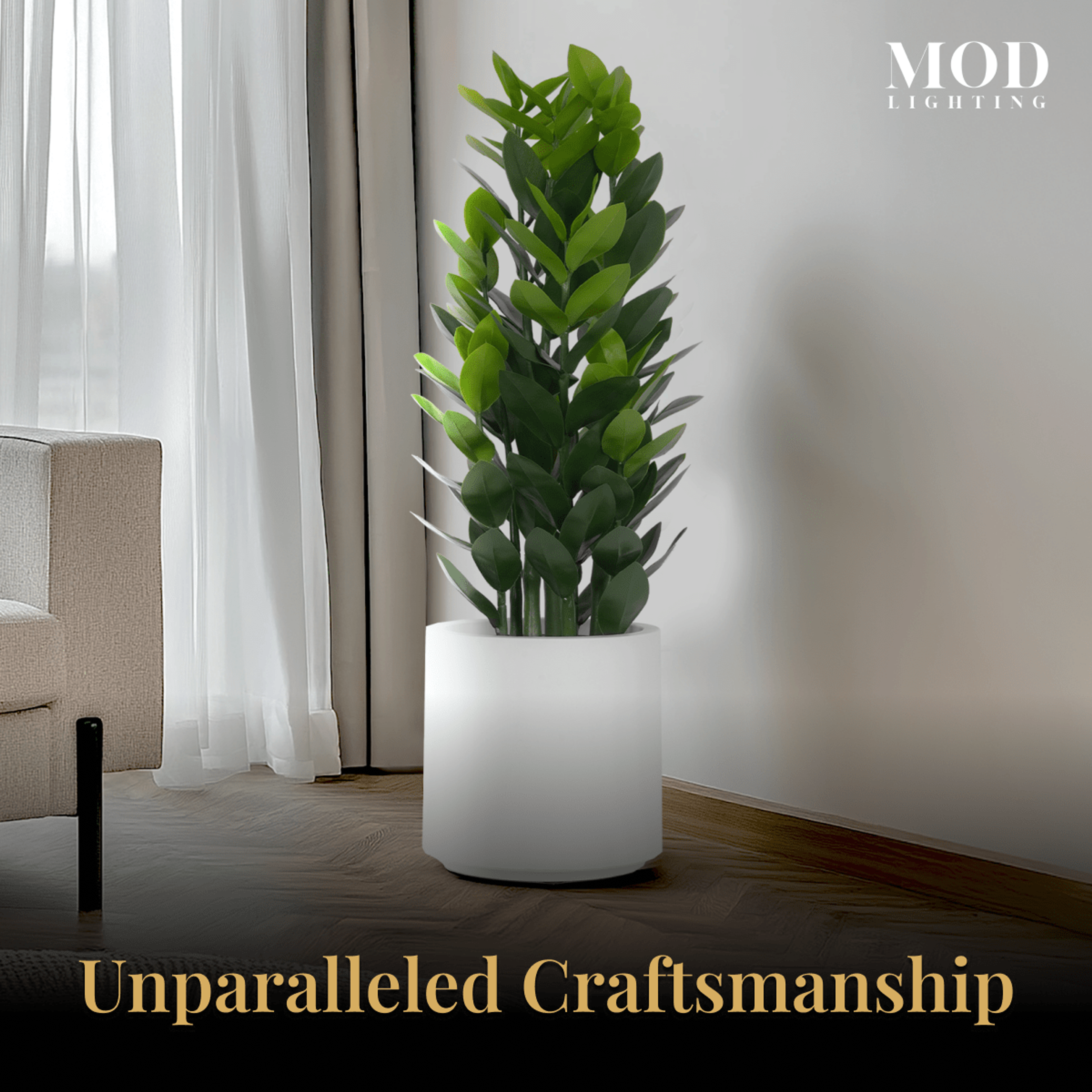 ZZ Plant artificial greenery in a white cylinder pot beside sheer curtains in a bright, minimal room