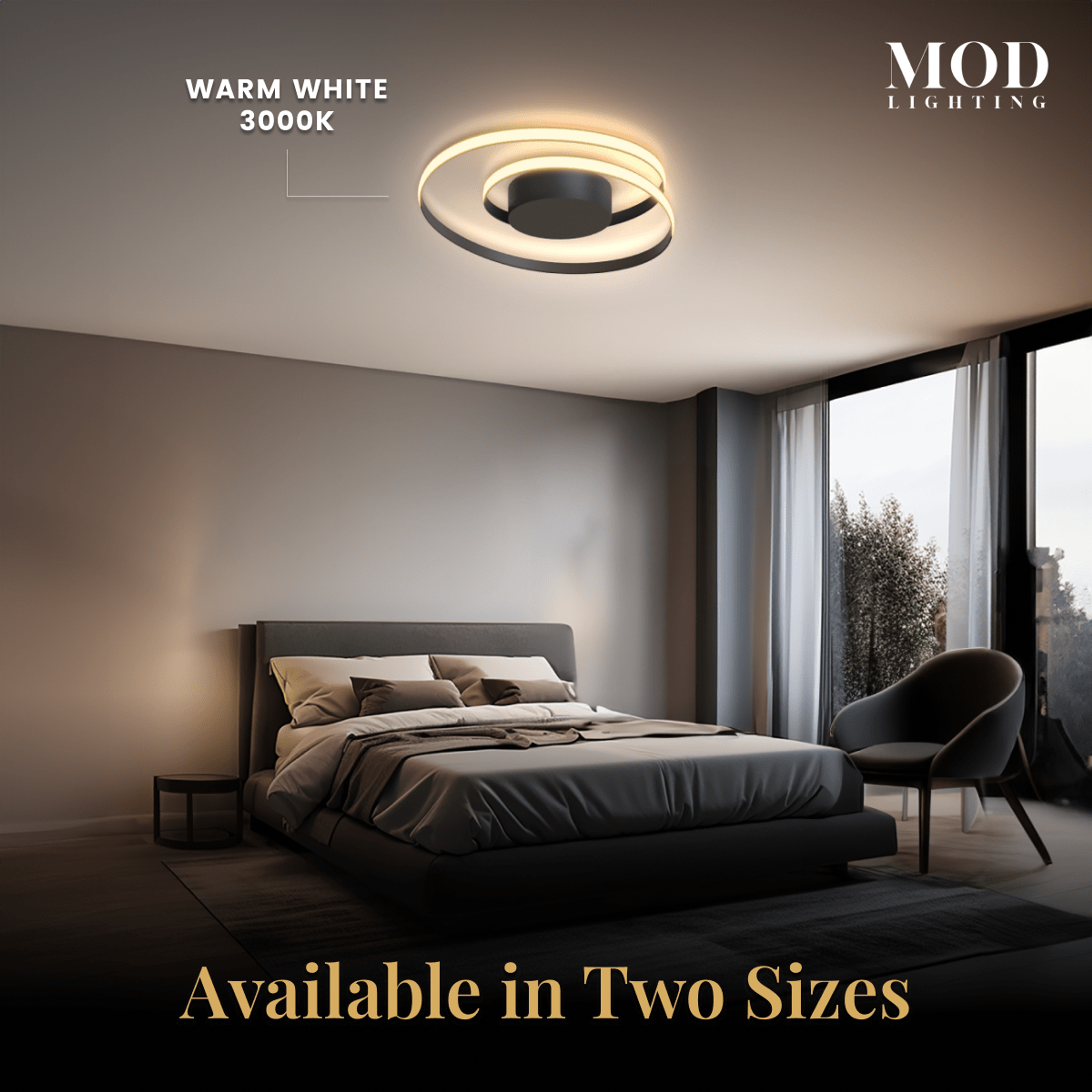 Spiral ceiling light, gold looping LED ring in a bedroom; available in two sizes