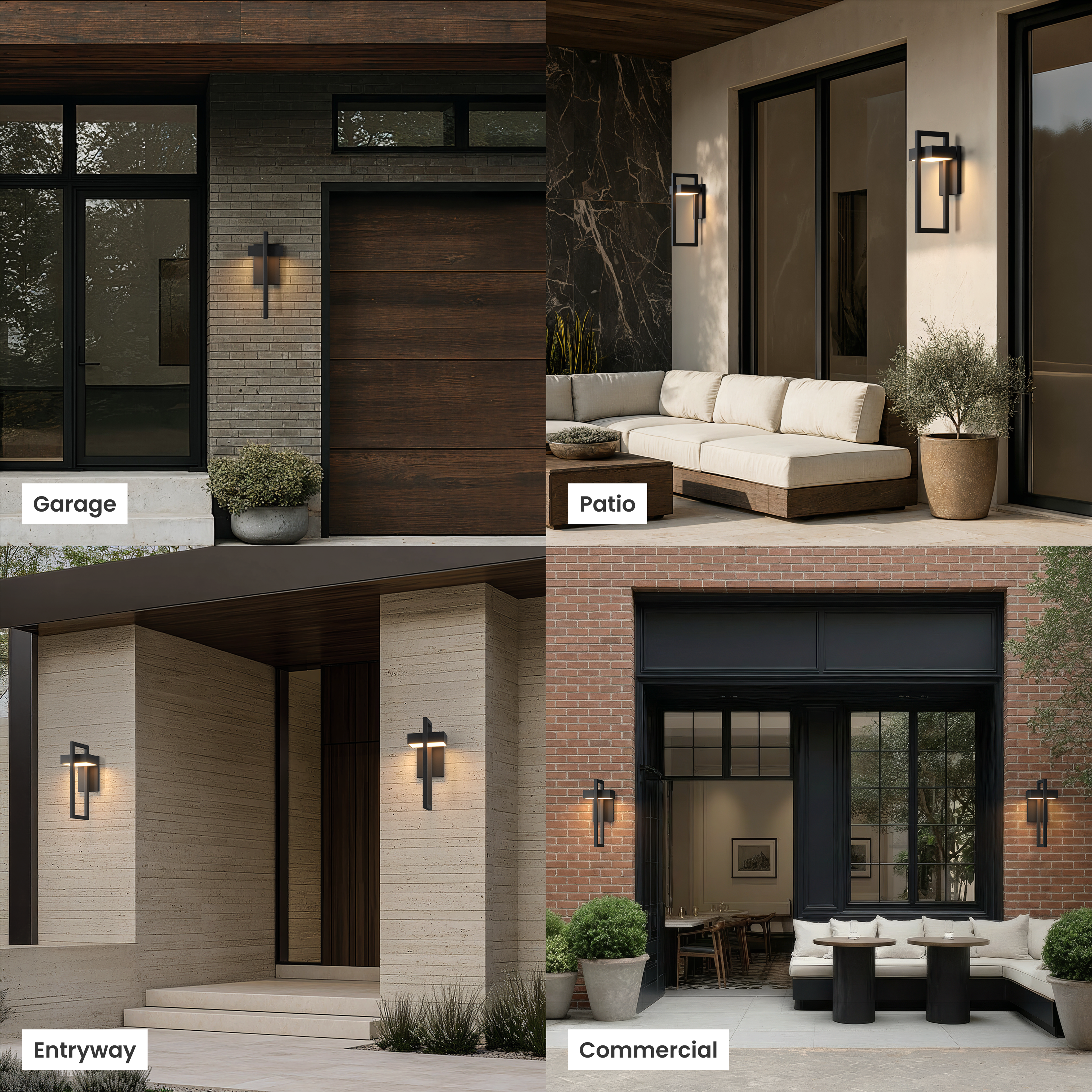 Terri Smart black outdoor sconce shown at a garage, patio, entryway and commercial storefront