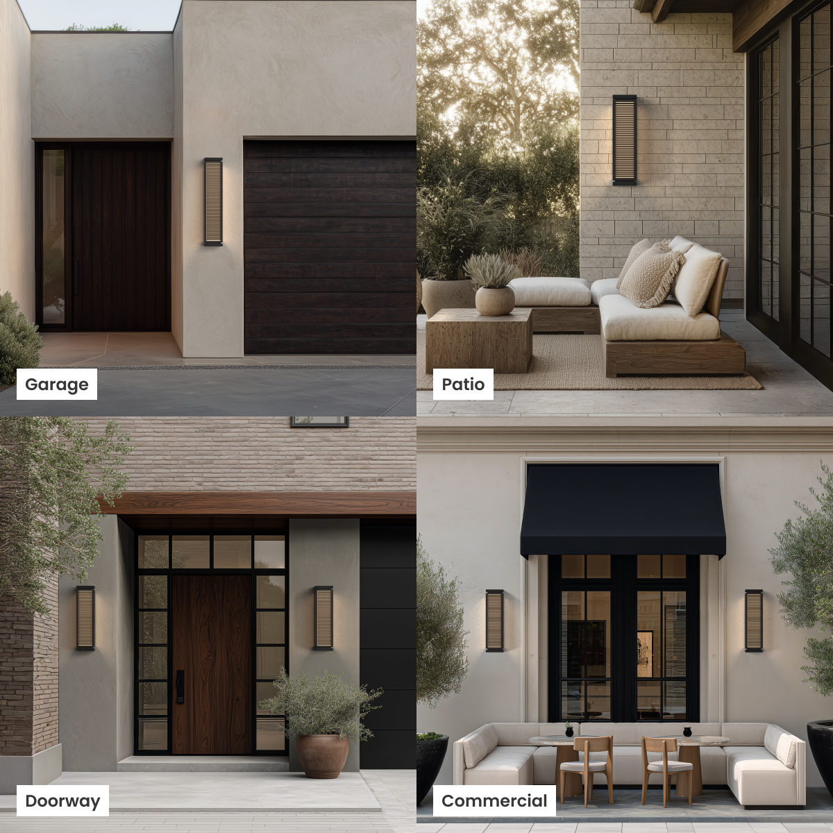 Fern black louvered outdoor sconce shown in four settings: garage, patio, doorway and commercial