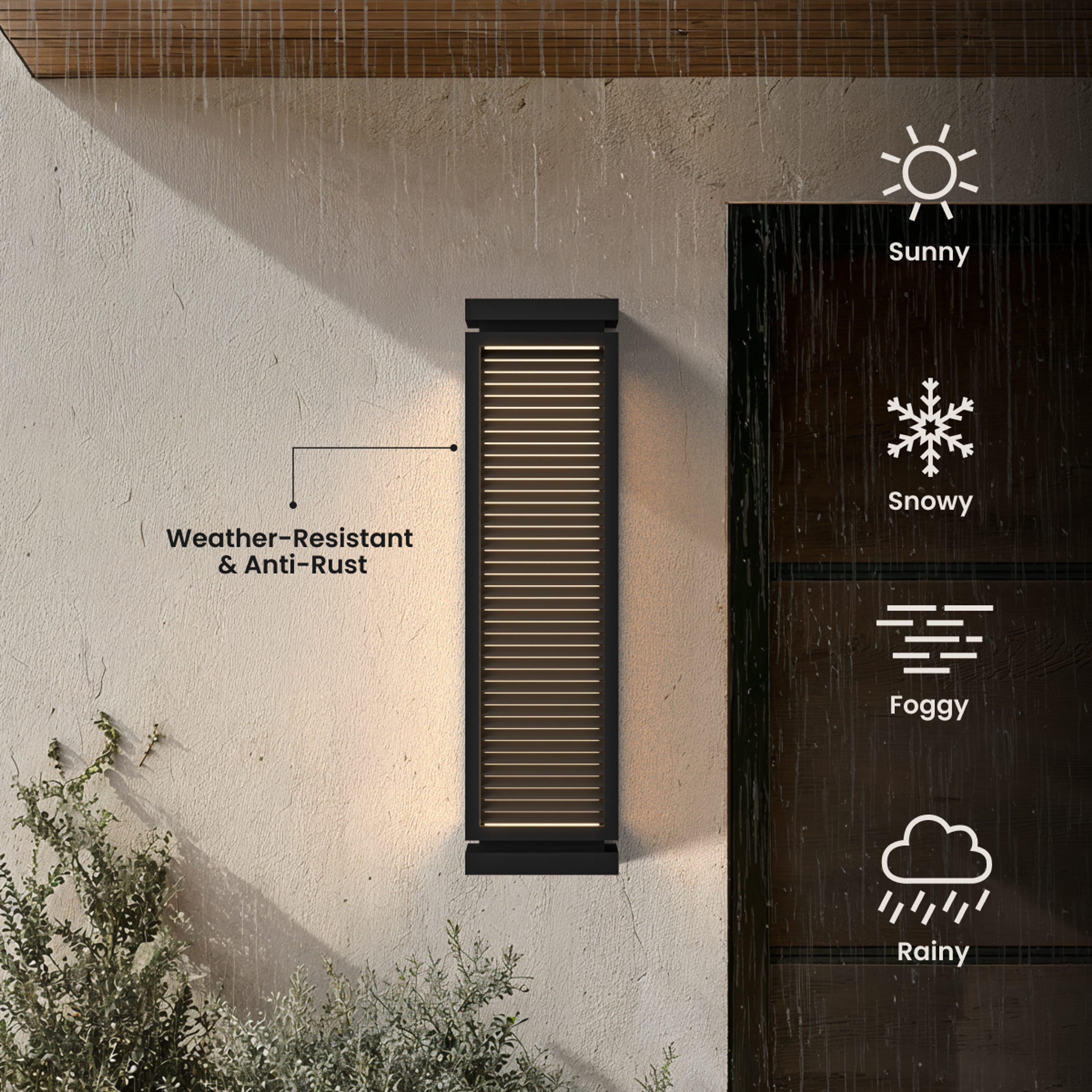 Fern black louvered rectangular outdoor sconce on a stucco wall, labeled weather-resistant and anti-rust