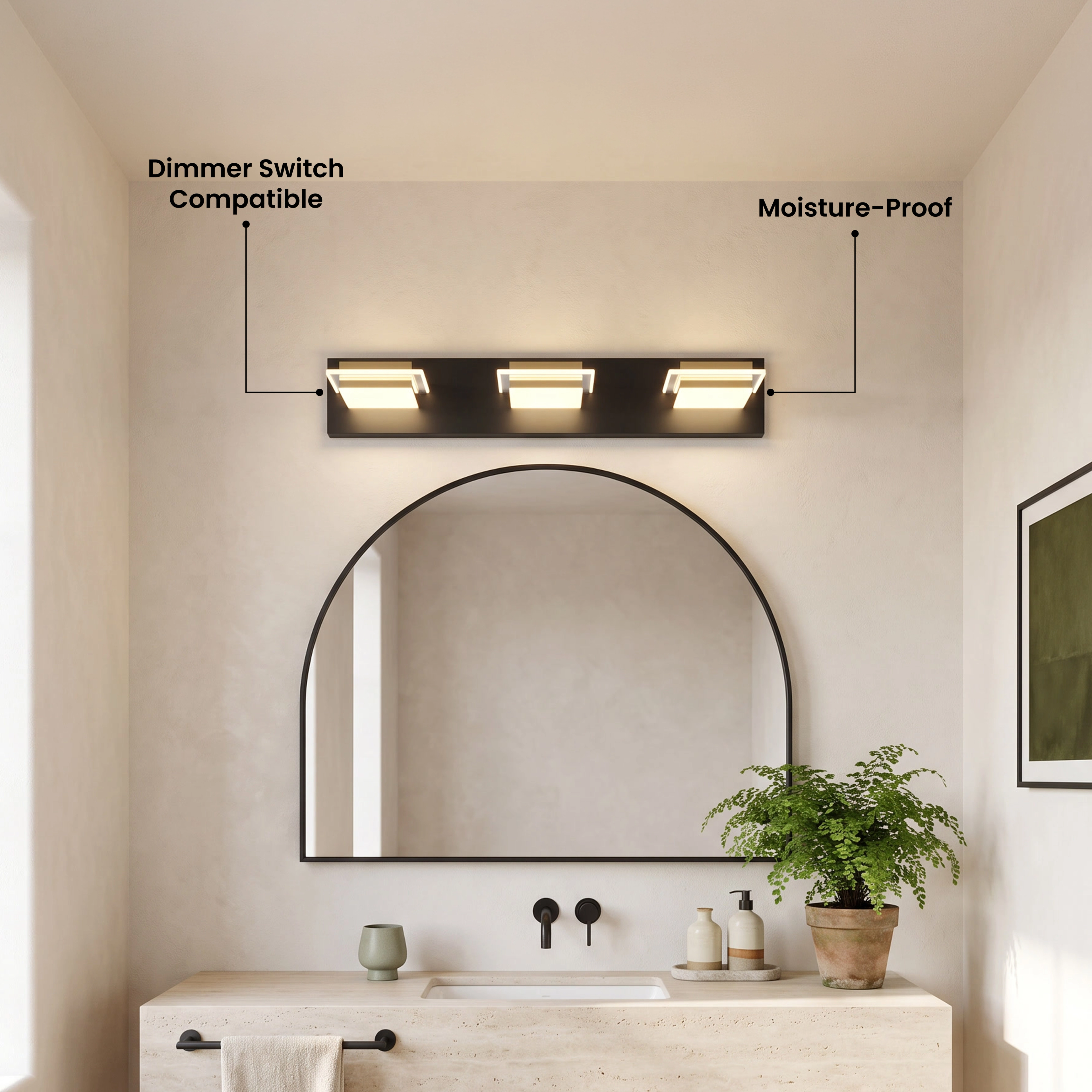 Willow three-light black-and-gold cube vanity light over a mirror, with a five-star Stunning customer review