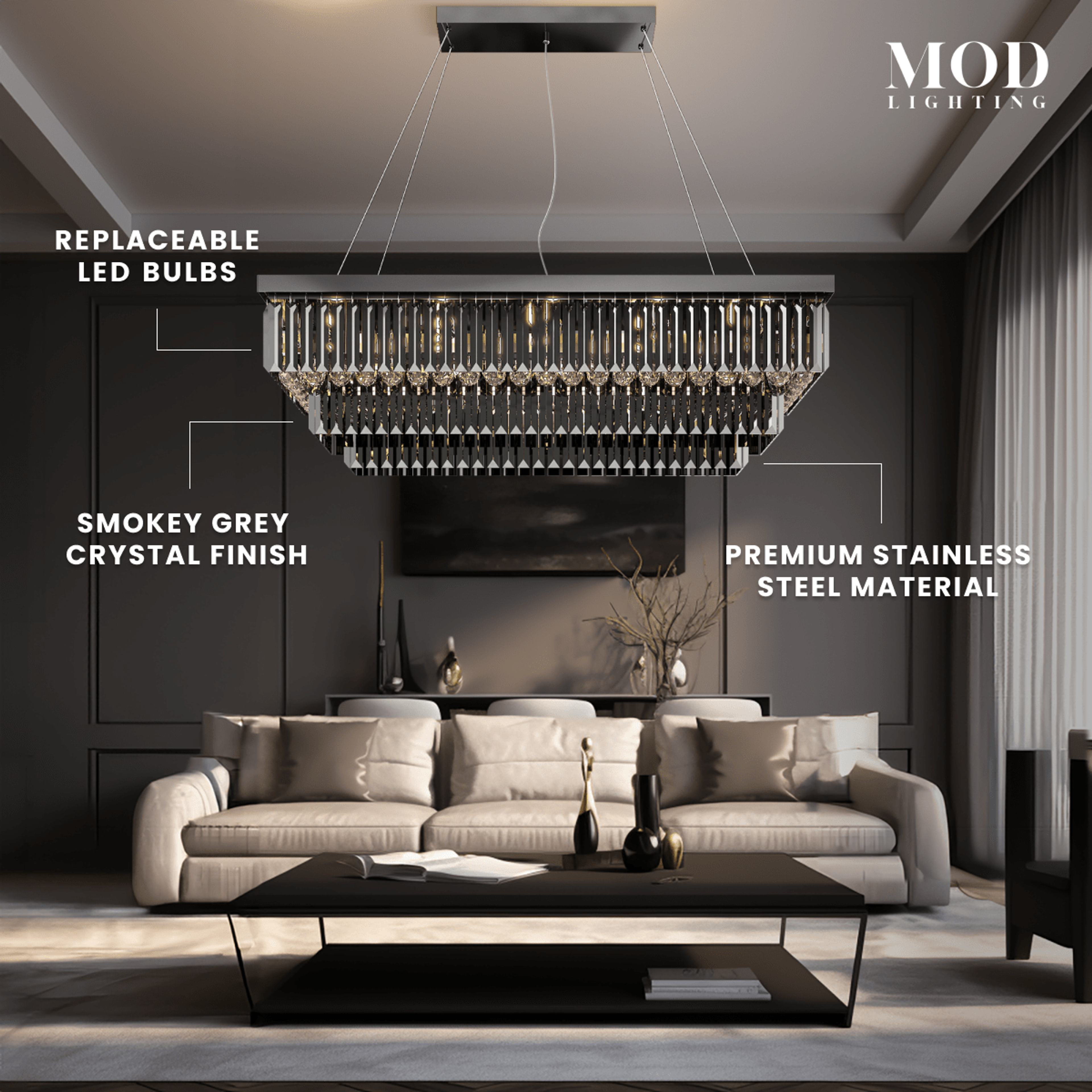 Umbra smoke-grey crystal chandelier over a sofa, labeling LED, crystal finish and stainless-steel features