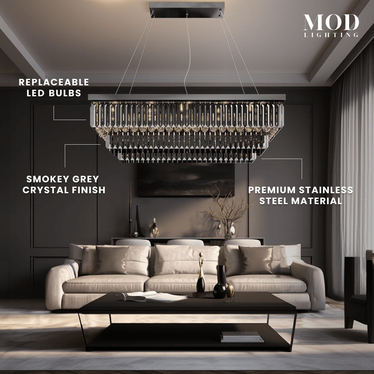 Umbra smoke-grey crystal chandelier over a sofa, labeling LED, crystal finish and stainless-steel features