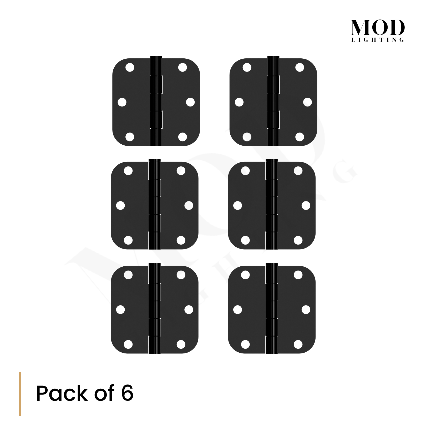 Modern Door Hinge, six matte-black rounded-corner hinges shown in a pack-of-6 grid