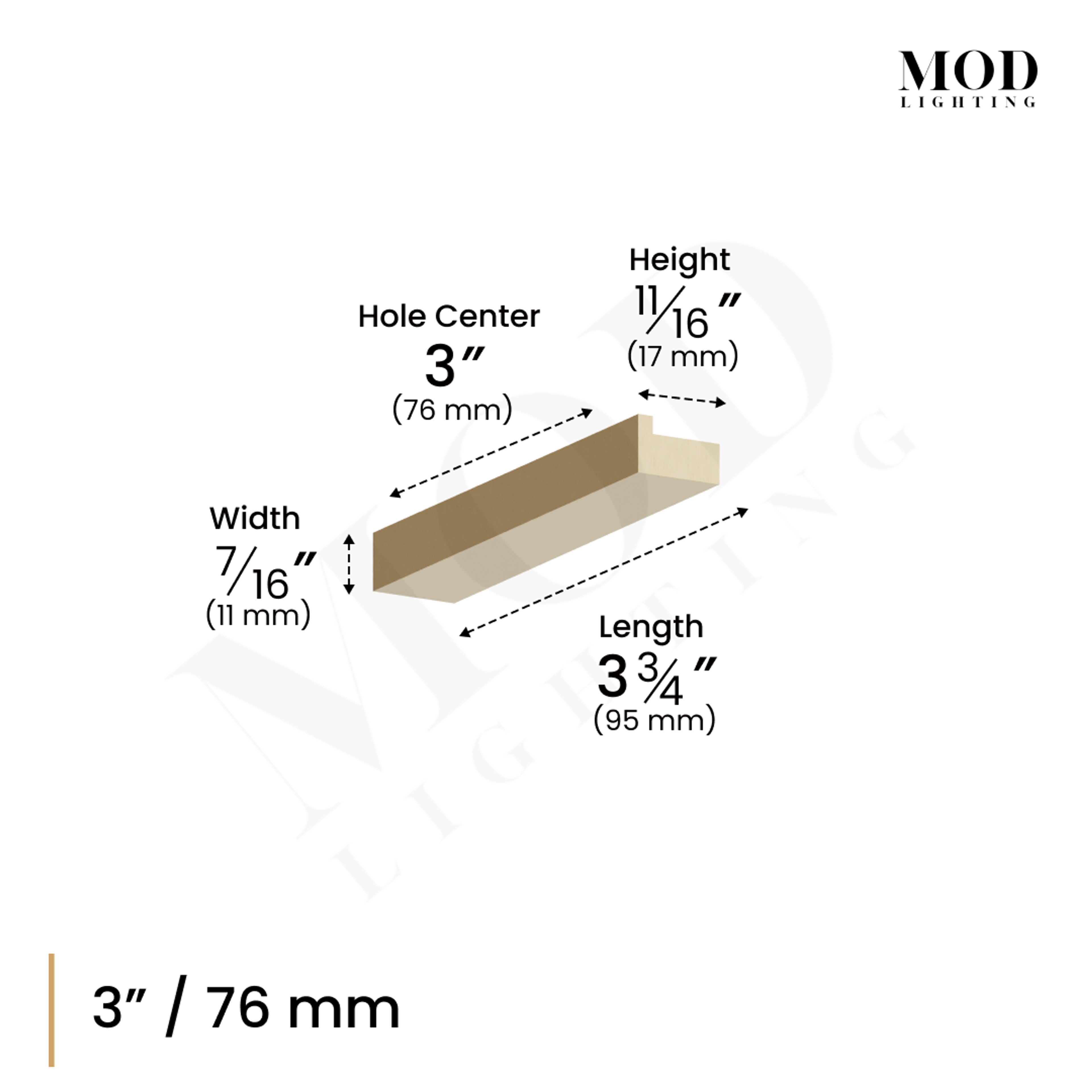 Innis cabinet pull dimension diagram, 3-inch/76 mm hole center, length 3.75 in, width 7/16 in, height 11/16 in