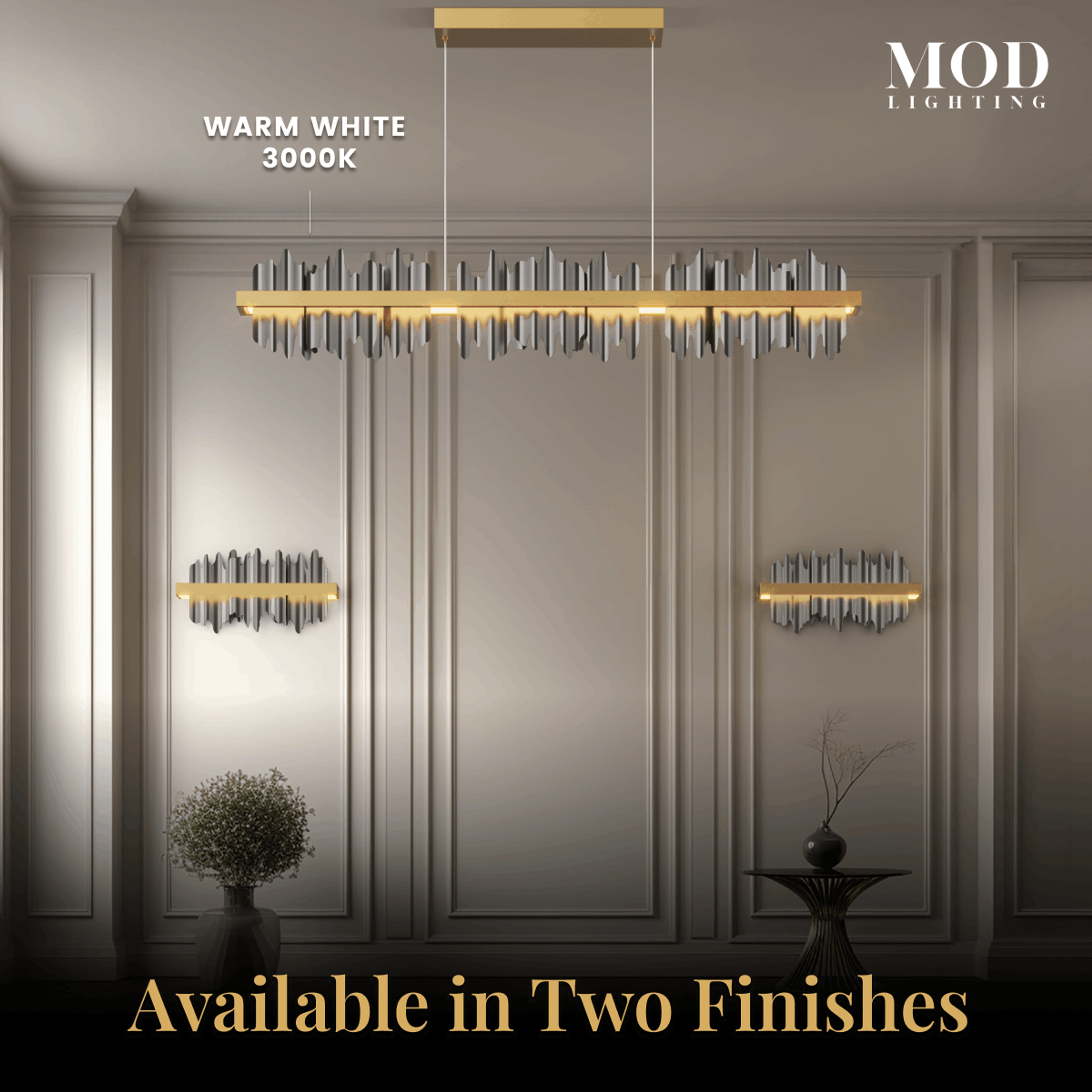 Aurelius Pendant linear crystal bar chandelier in warm white 3000K, shown in gold and black finishes