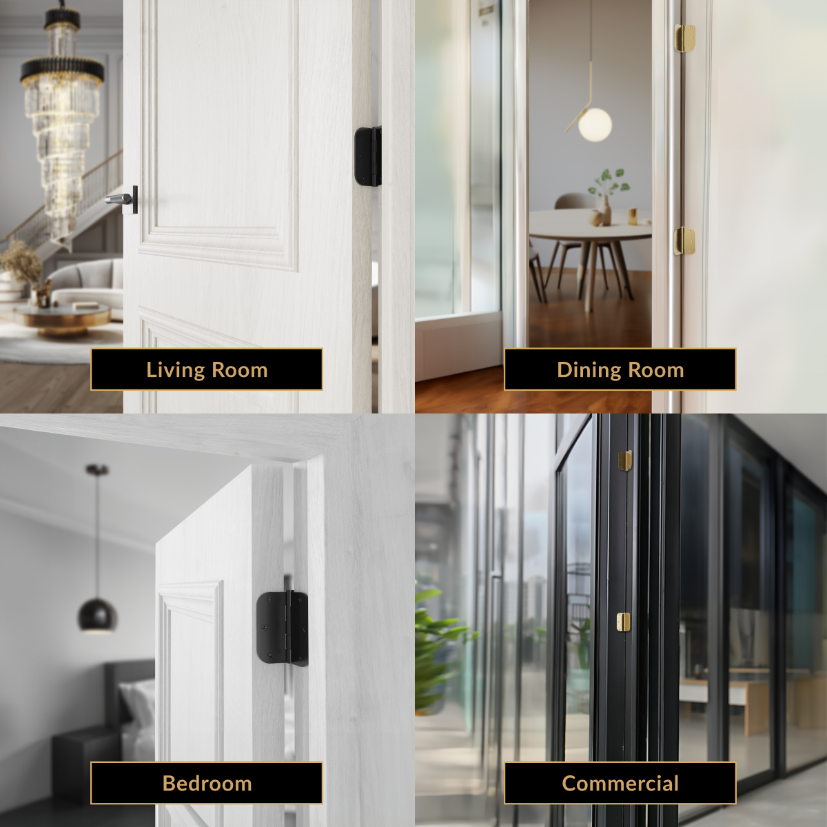 Modern Door Hinge on doors across living room, dining room, bedroom and commercial settings
