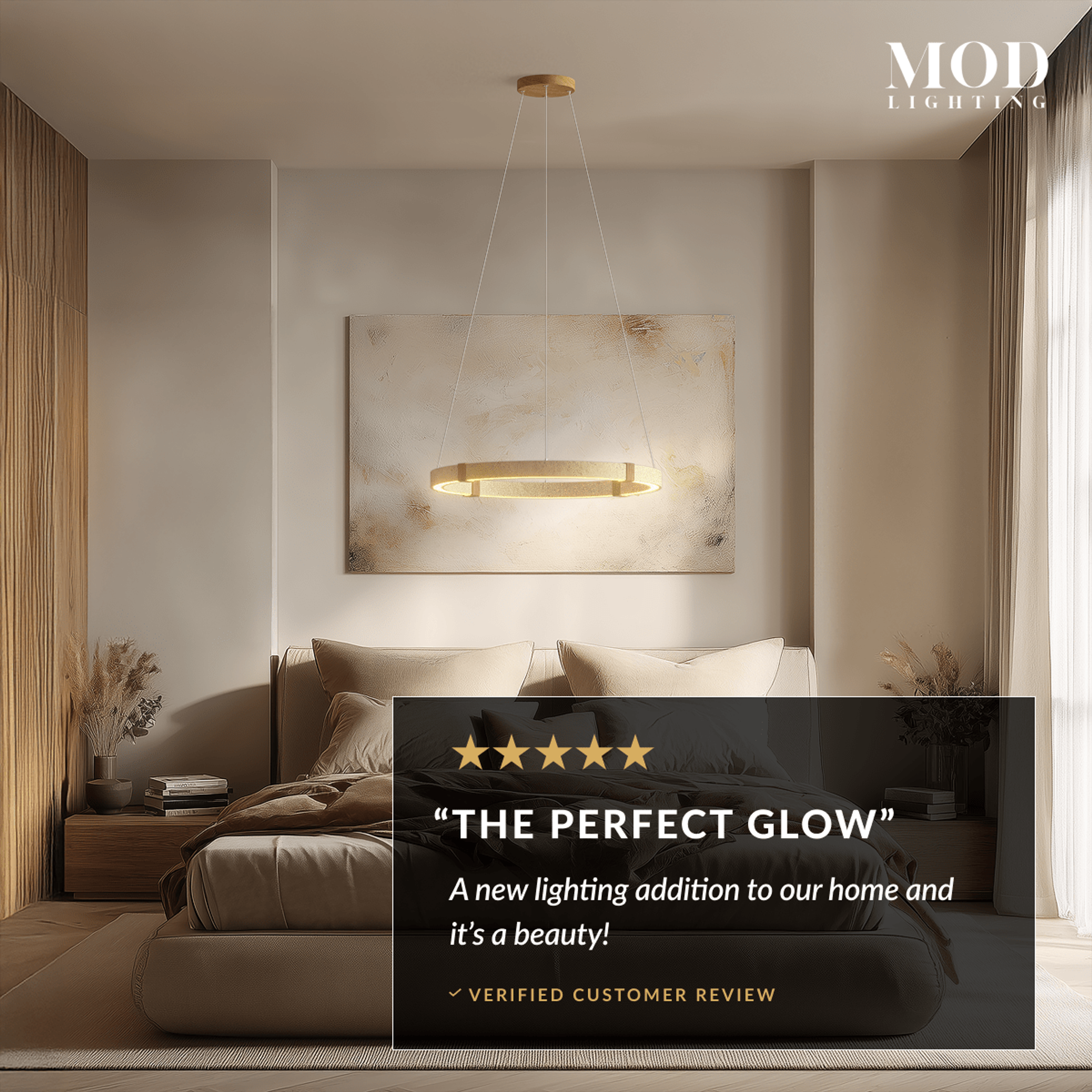 Arabella travertine stone chandelier, gold ring pendant glowing over a bed, with a five-star "The perfect glow" review