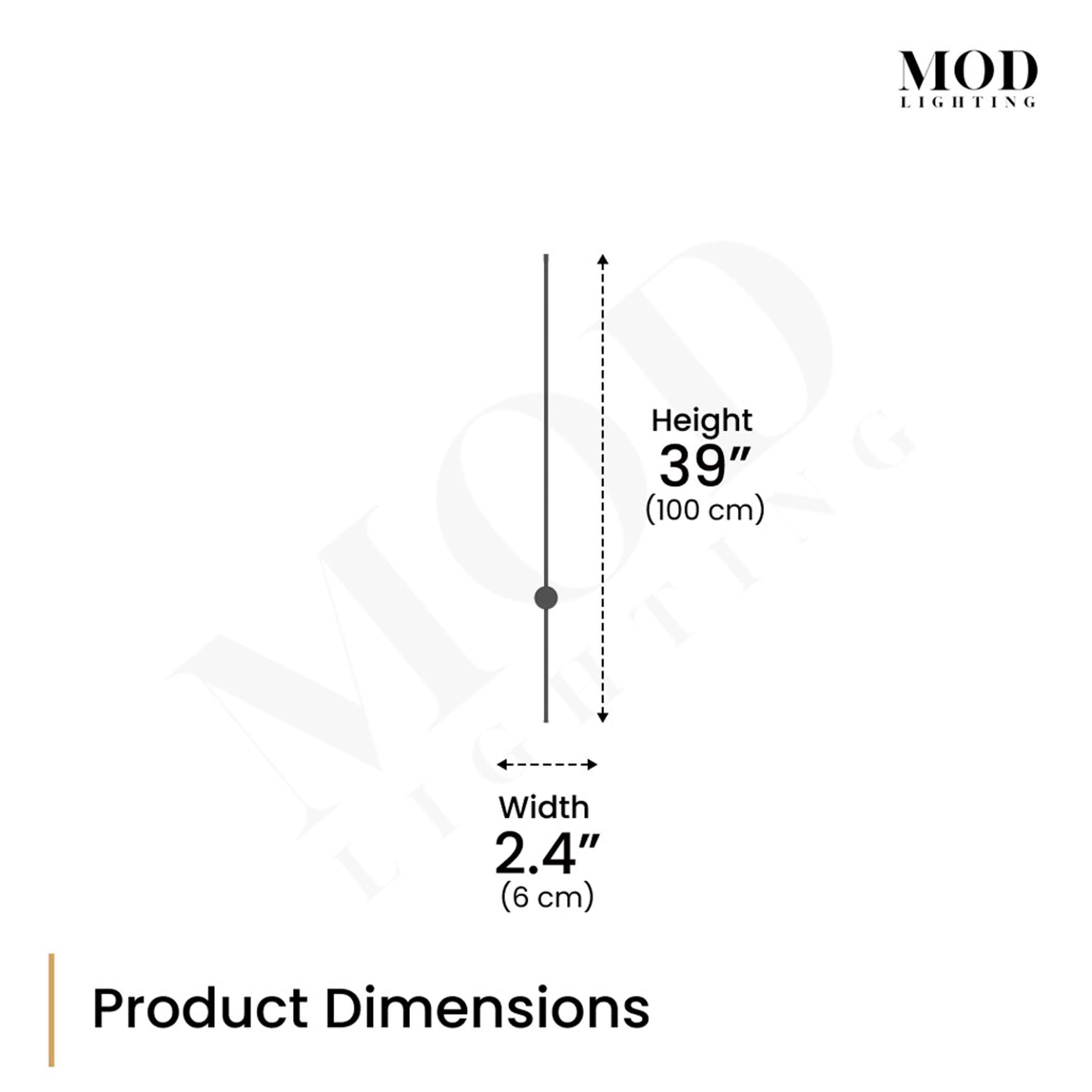 Cadel stick wall light dimension diagram: 39 in (100 cm) tall, 2.4 in (6 cm) wide