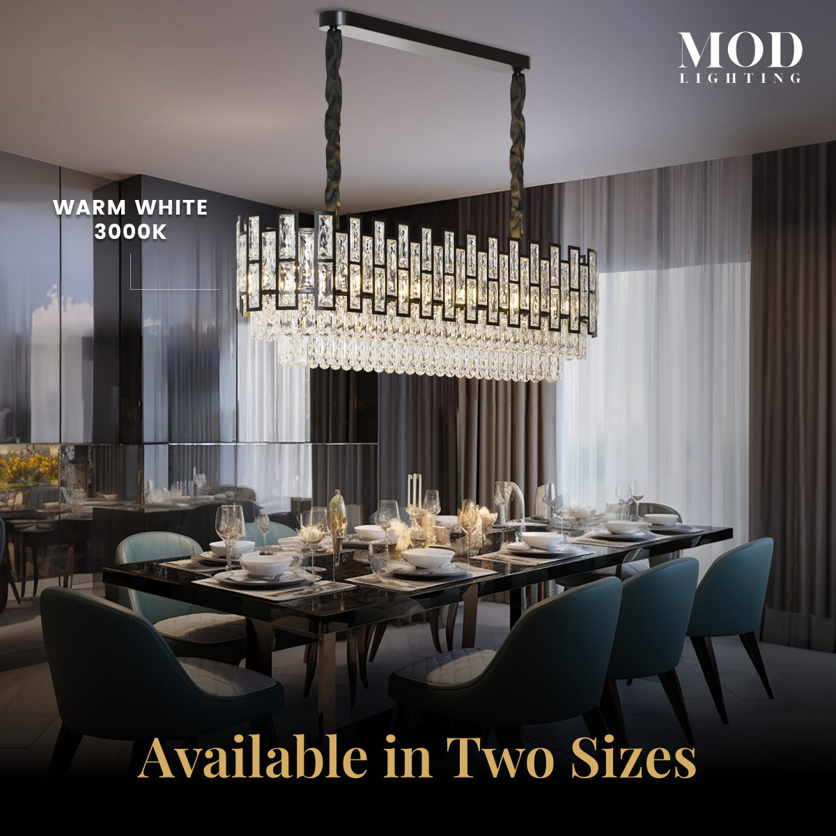 Raven black linear crystal pendant over a dining table, warm white 3000K, available in two sizes