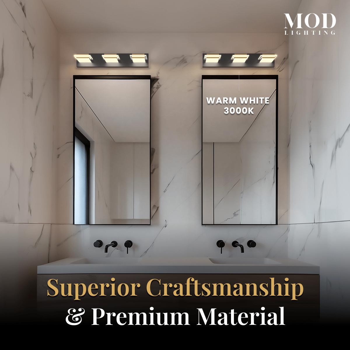 Willow three-light cube vanity light shown in warm white 3000K over two mirrors on a marble wall