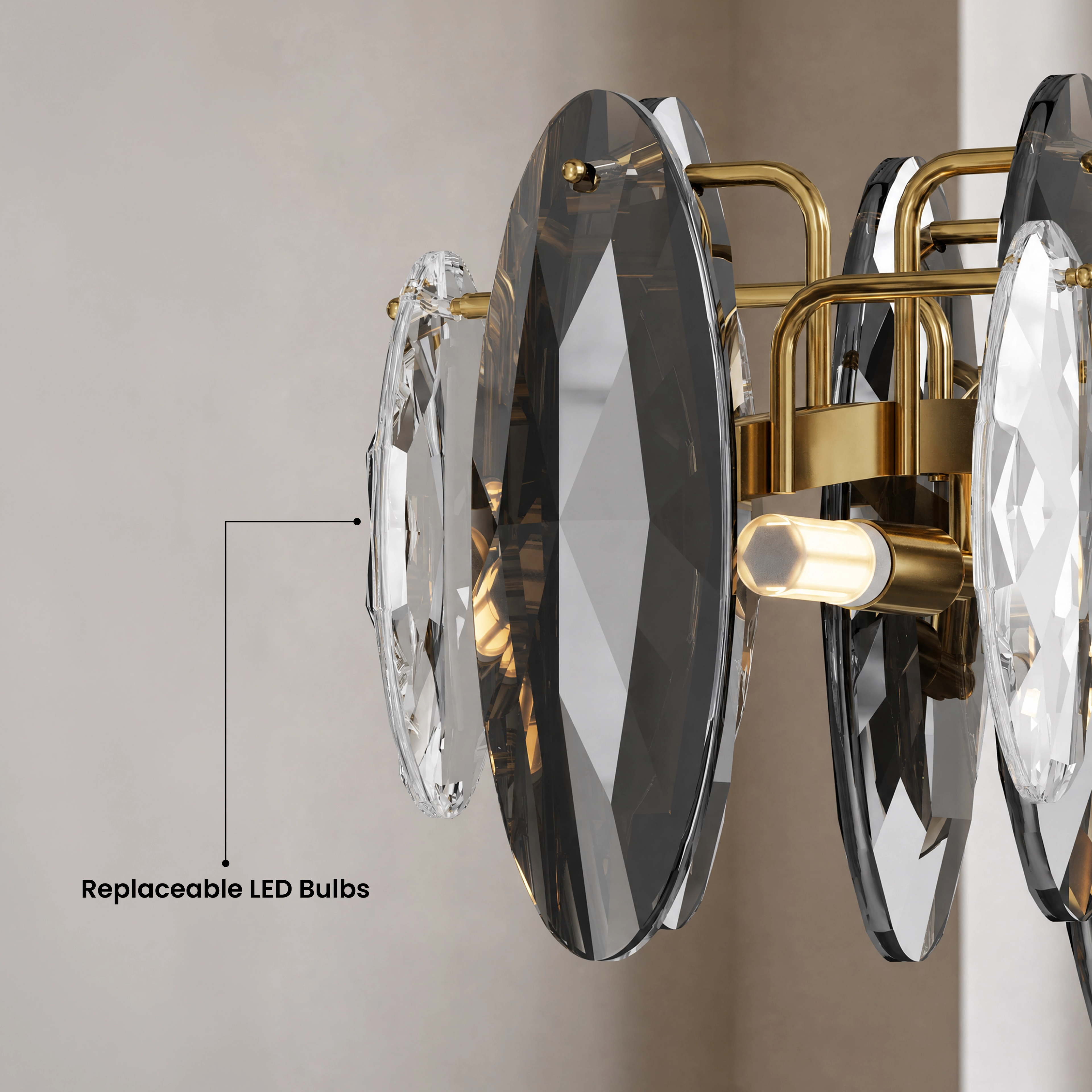 Celestial gold linear crystal pendant over a sofa in a beige living room, warm white 3000K, two sizes