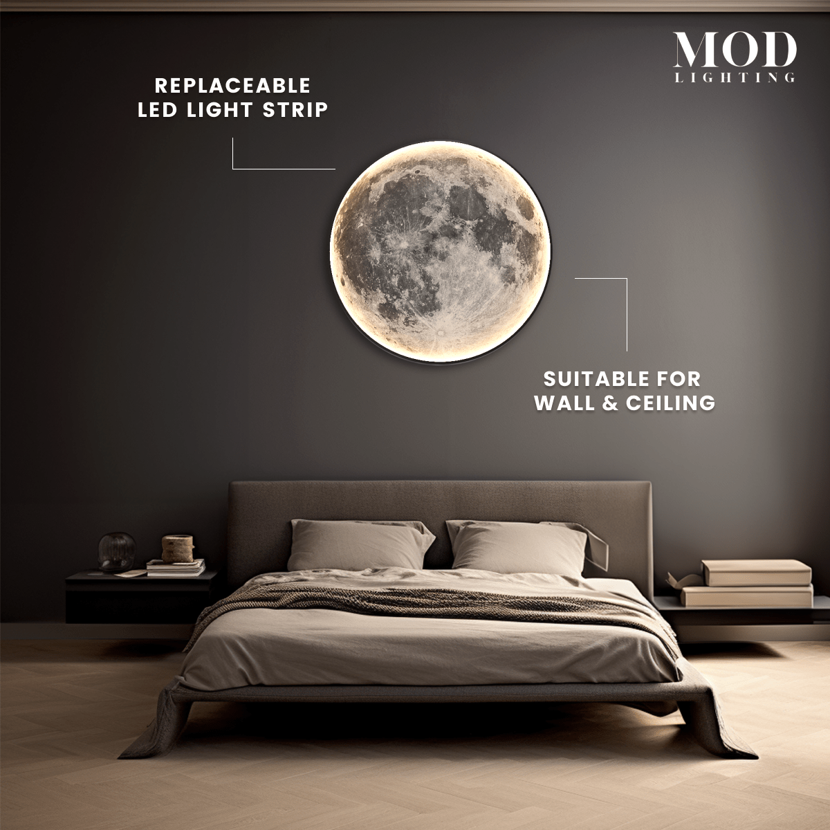 Luna moon lamp, illuminated full-moon disc mounted above a bed in a dim bedroom