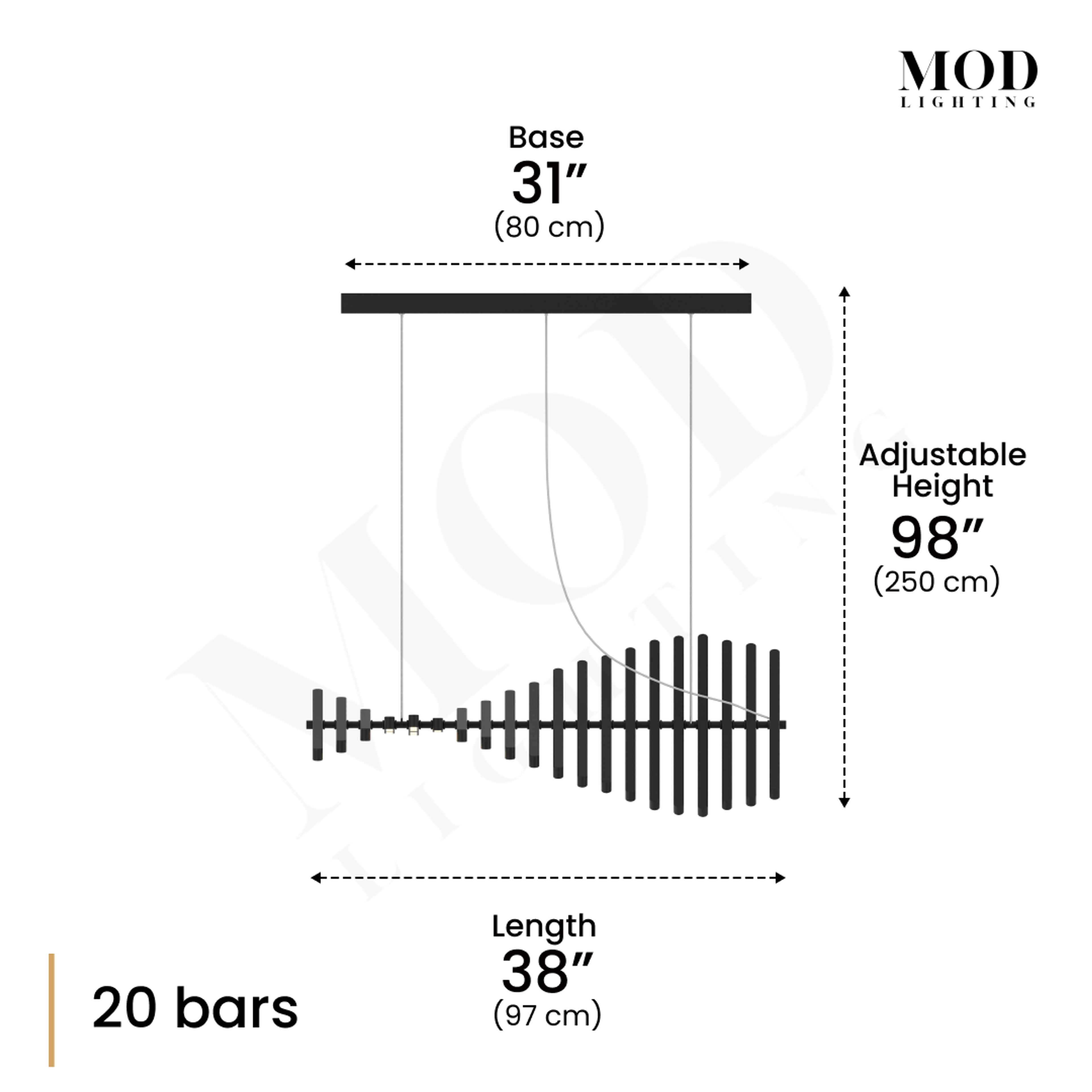 Sylas pendant dimension diagram, 20 bars: 38 in length, 31 in base, 98 in adjustable height