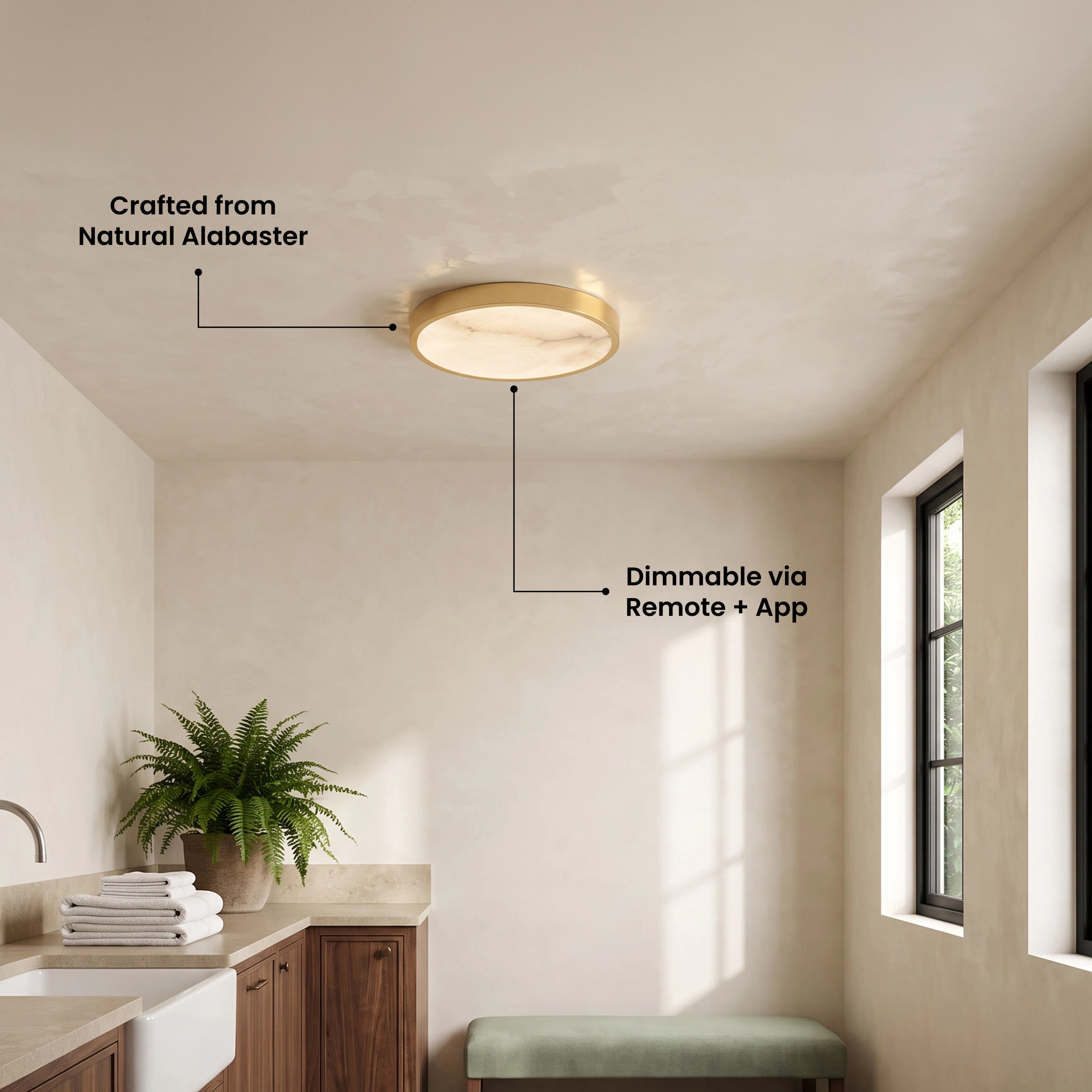Celia Smart alabaster ceiling light labeled crafted from natural alabaster, dimmable via remote and app