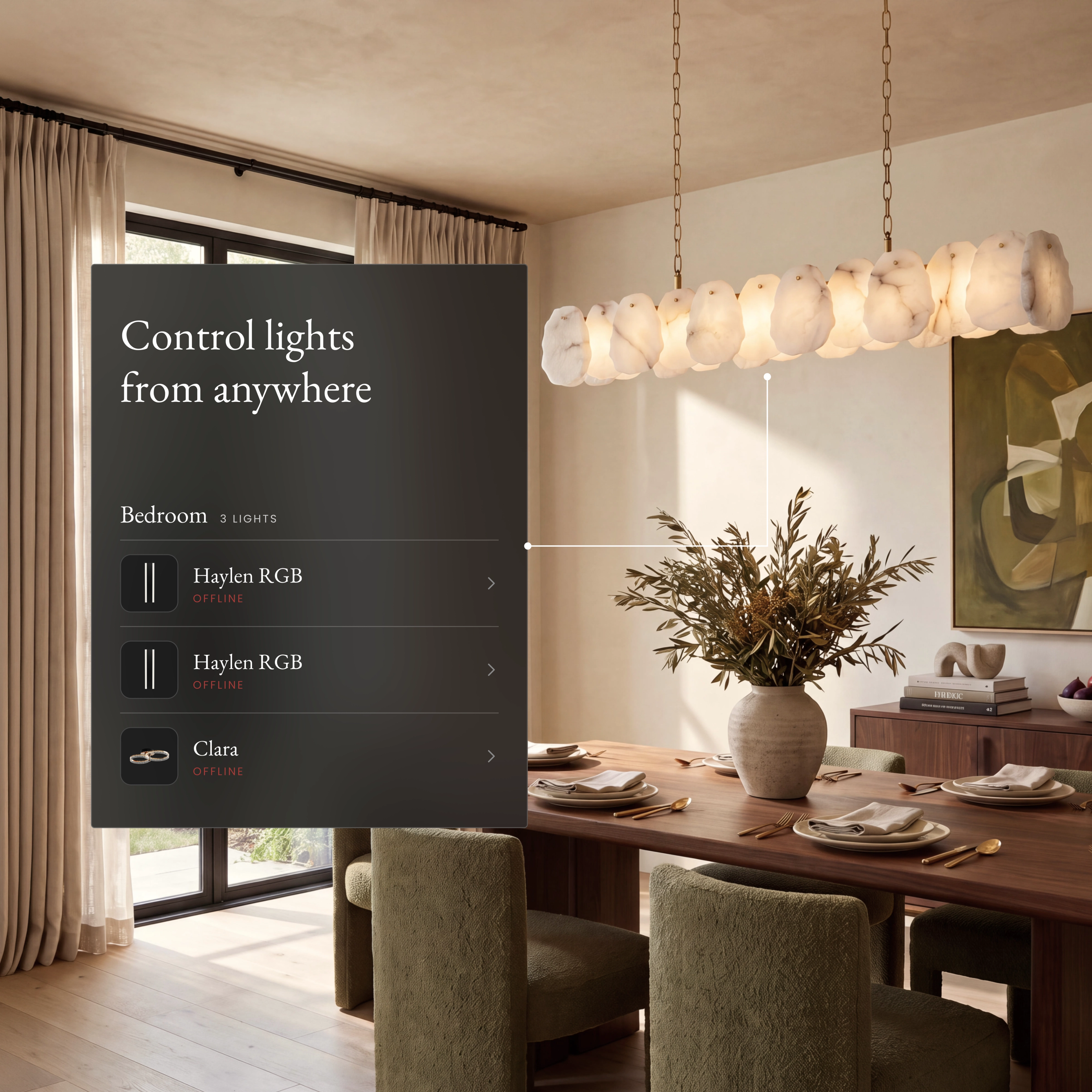 Alba Pendant Smart linear alabaster pendant in a dining room beside an app panel controlling lights from anywhere