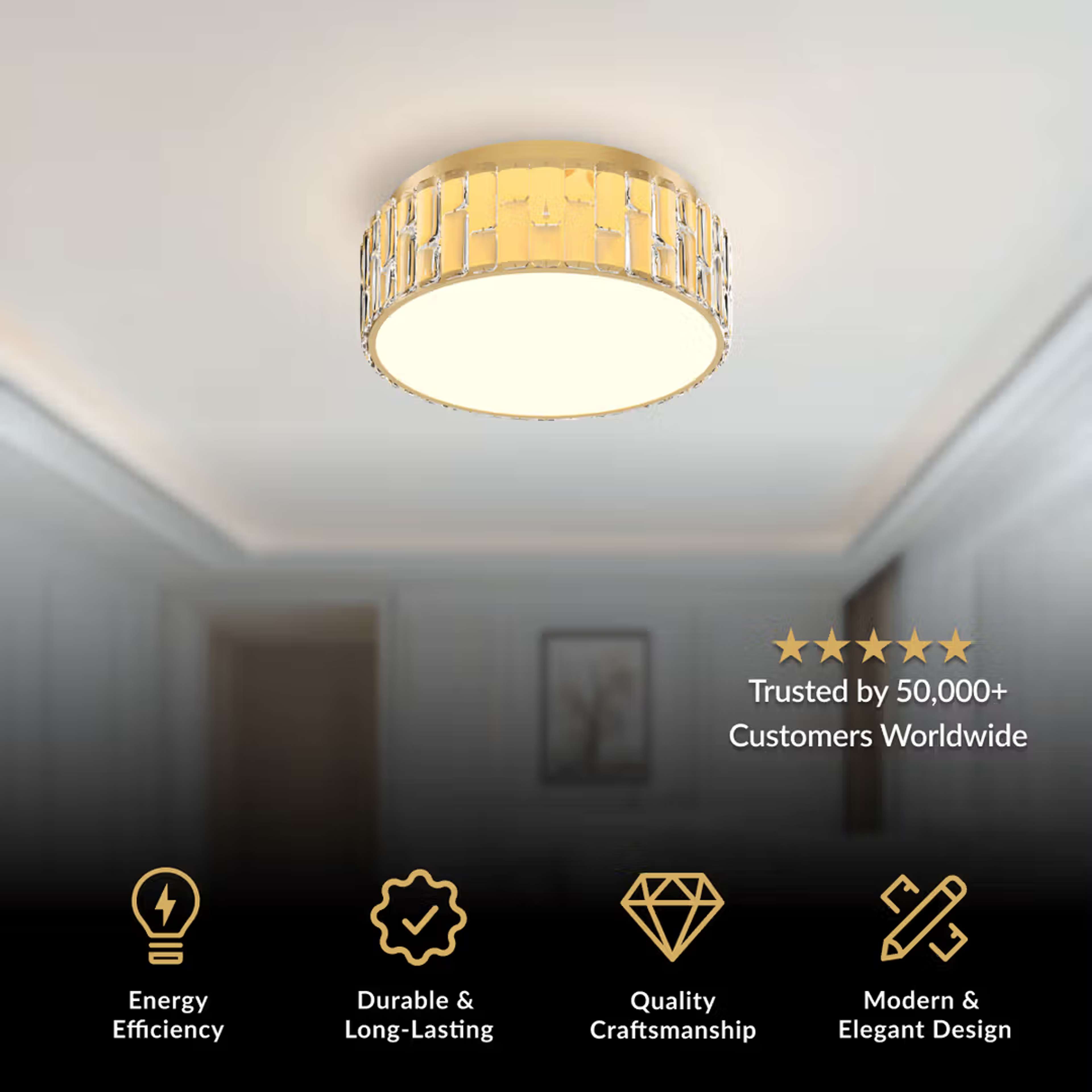 Elara ceiling light, round brushed gold flush mount with crystal band and lit diffuser on a ceiling