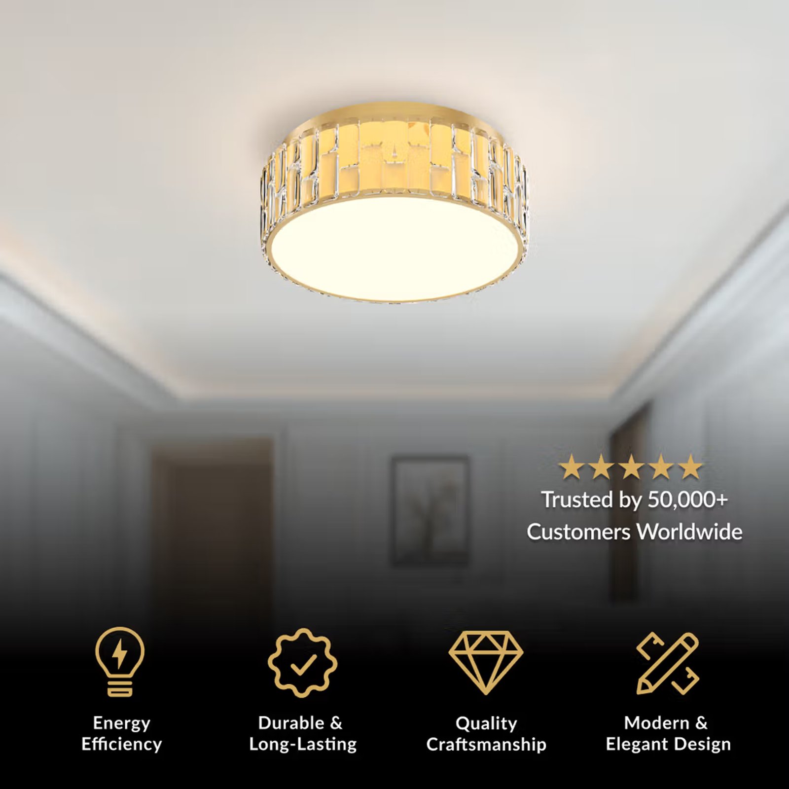 Elara ceiling light, round brushed gold flush mount with crystal band and lit diffuser on a ceiling
