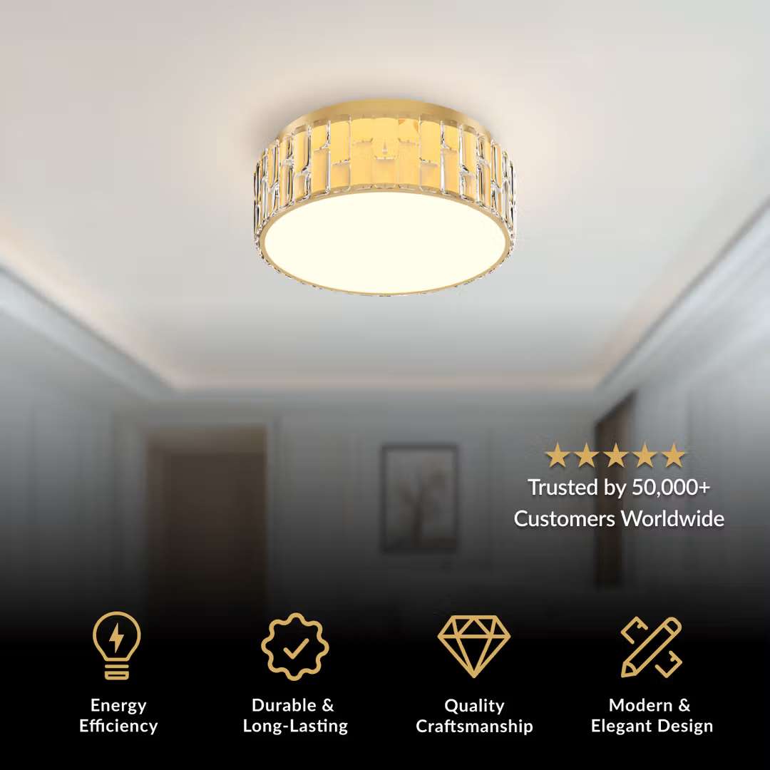 Elara ceiling light, round brushed gold flush mount with crystal band and lit diffuser on a ceiling