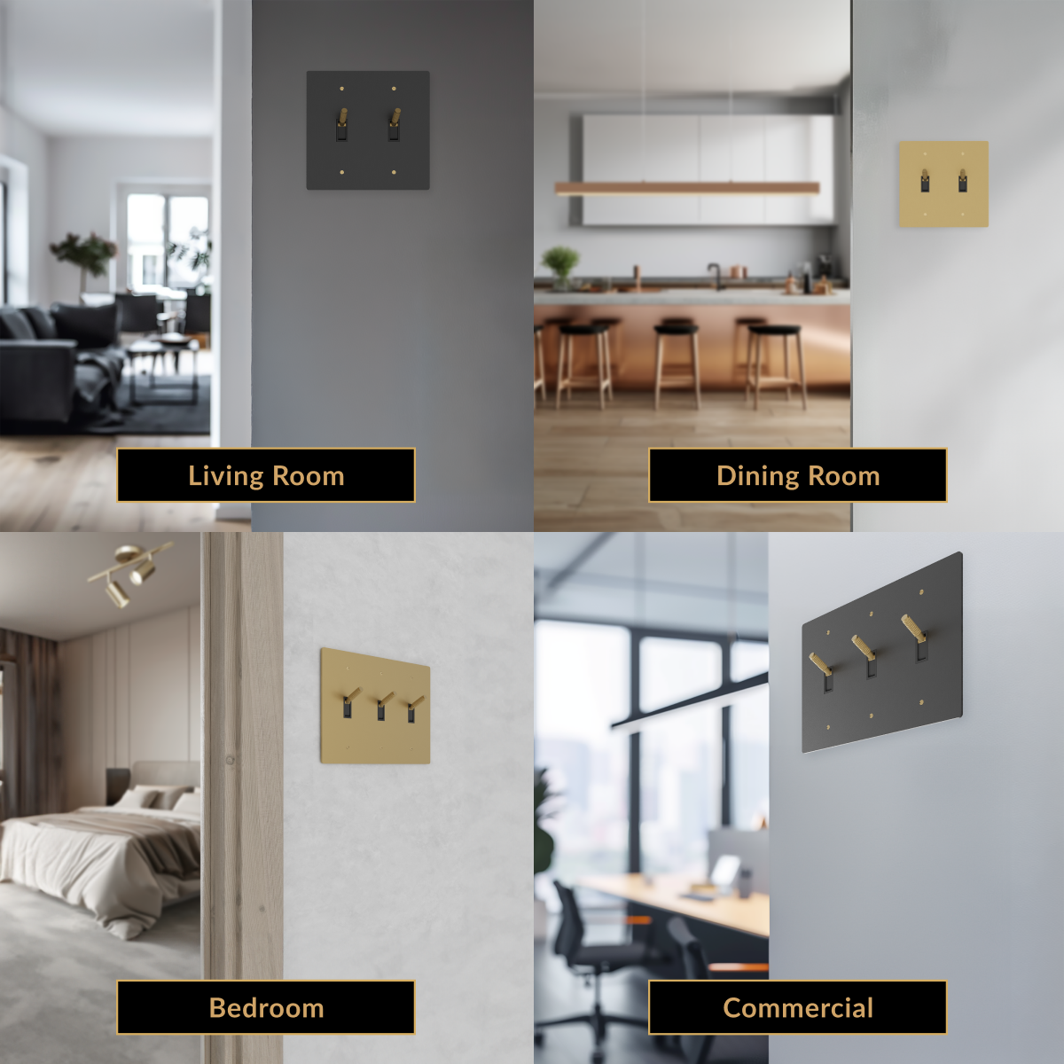 Modern Toggle Switch shown in gold and black finishes across living room, kitchen, bedroom and commercial walls
