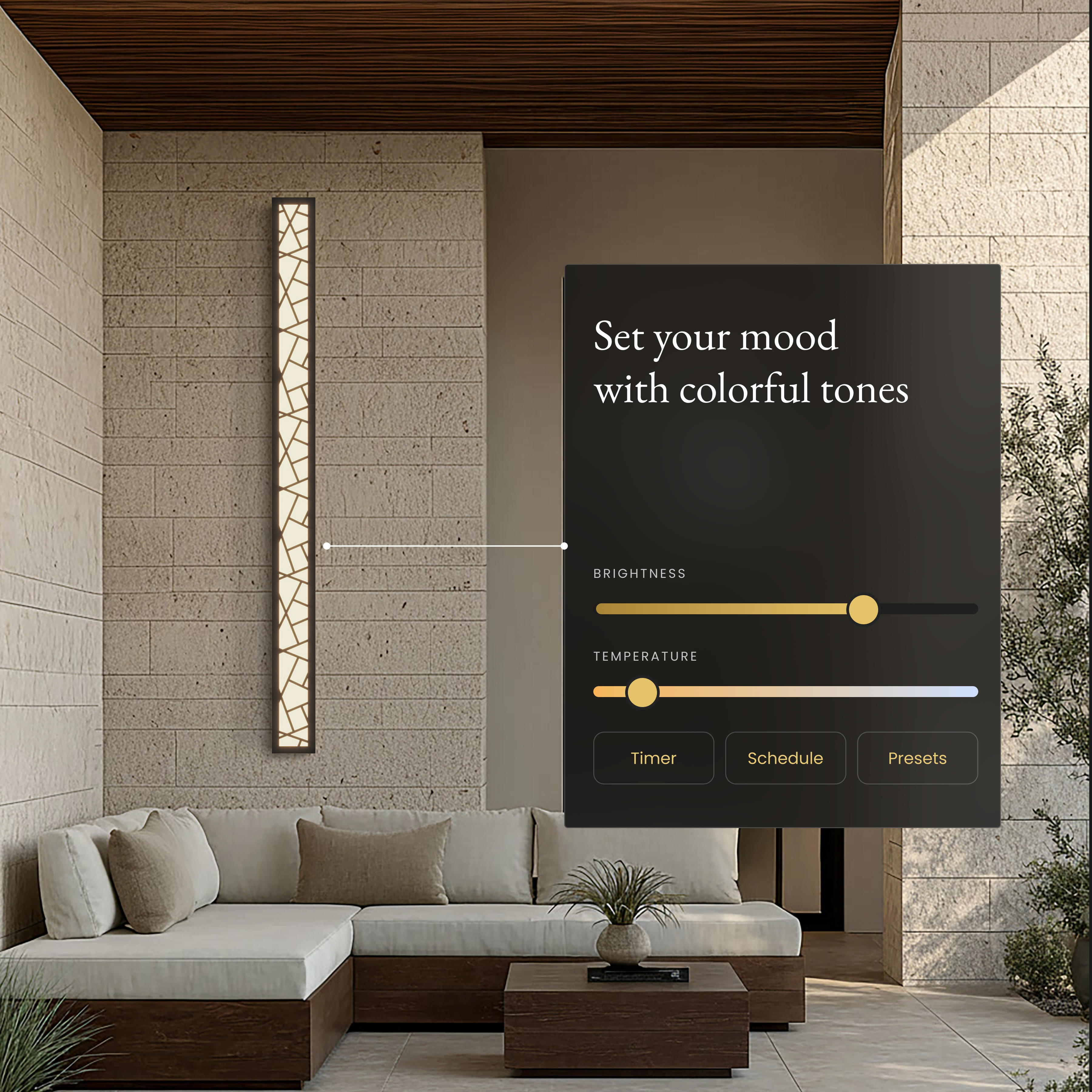 Harper Smart black LED bar wall light on a stone wall beside an app panel for brightness and color temperature