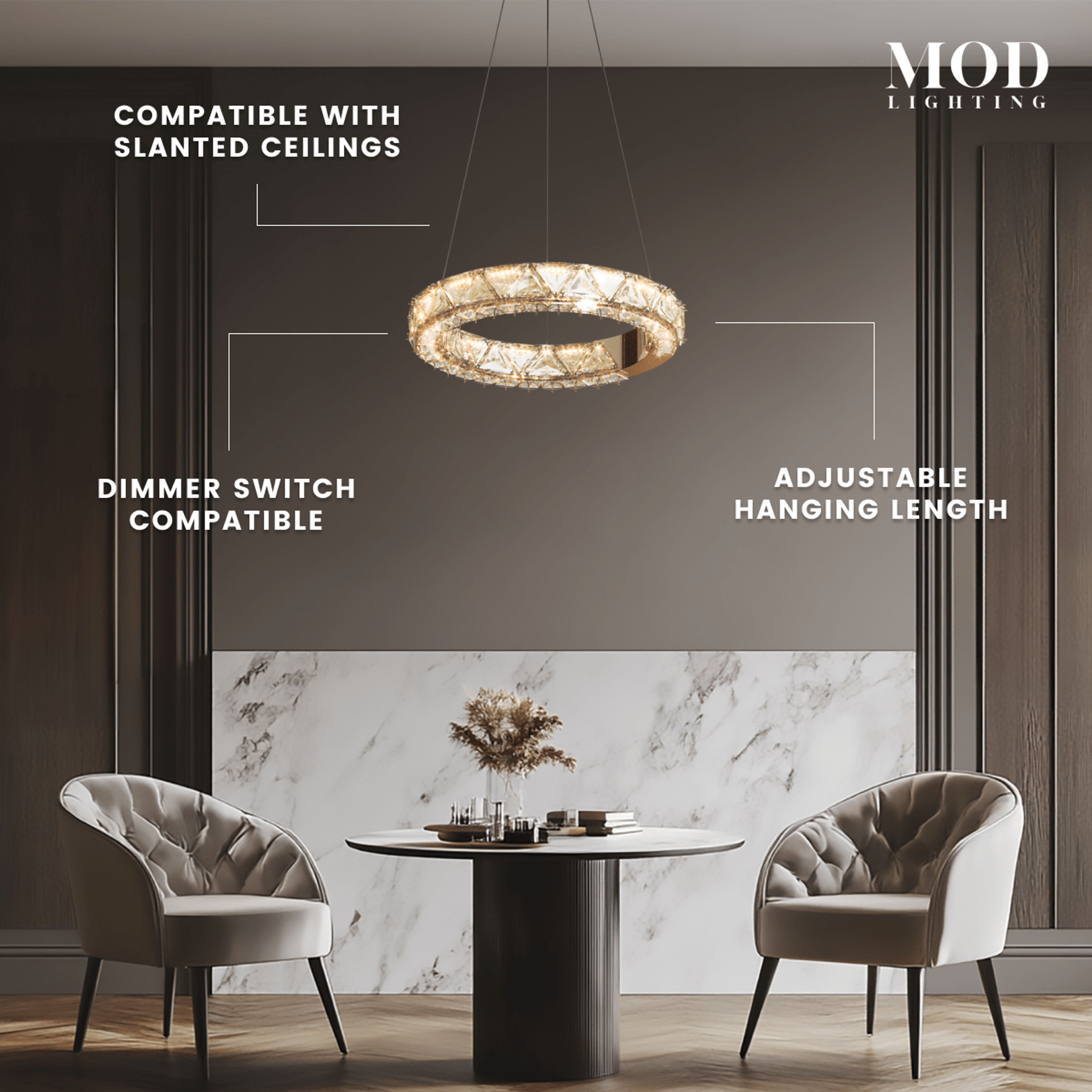 Jana crystal ring chandelier over a round dining table, noting slanted-ceiling and dimmer compatibility