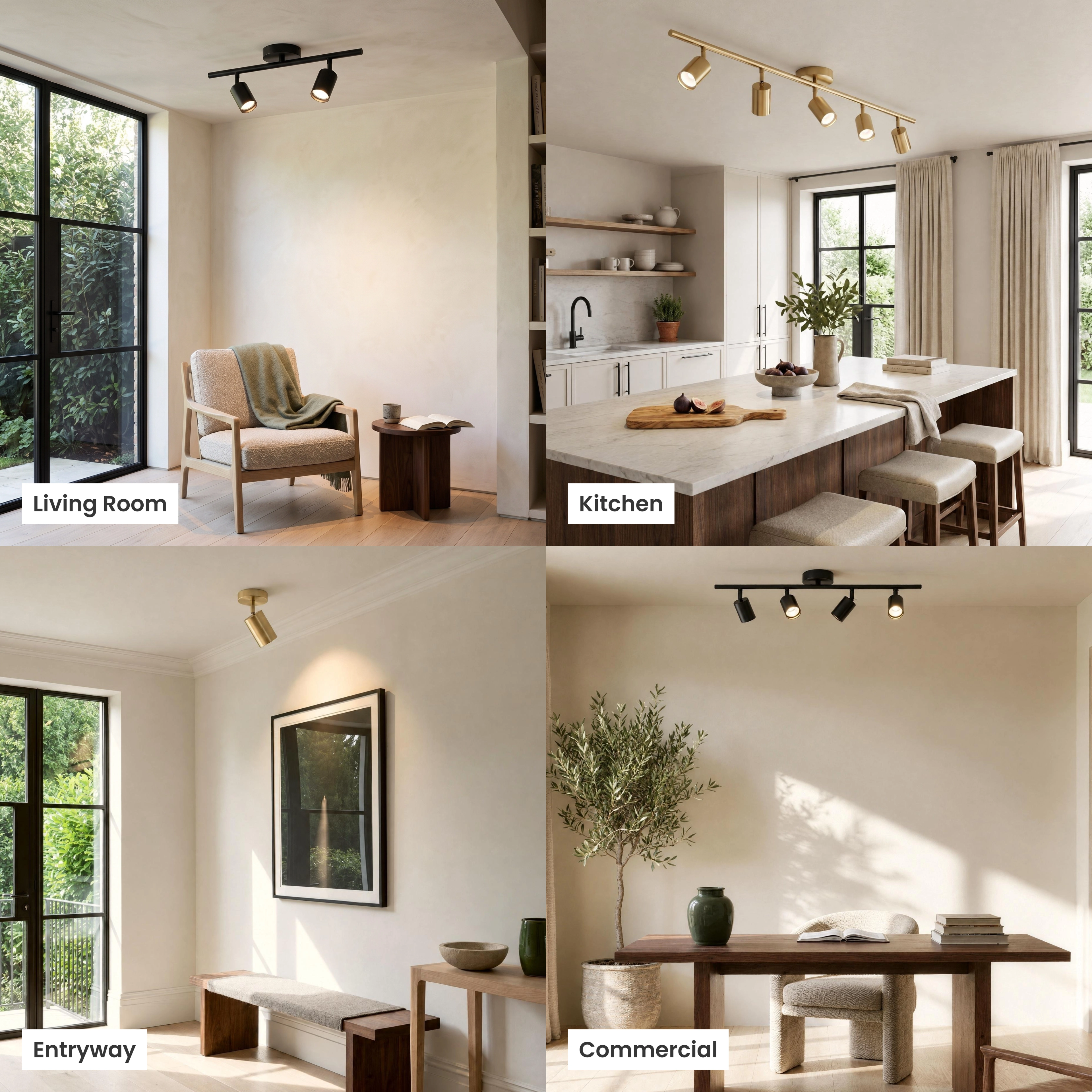 Harris black track lights shown in four room settings: living room, kitchen, bedroom, and commercial space