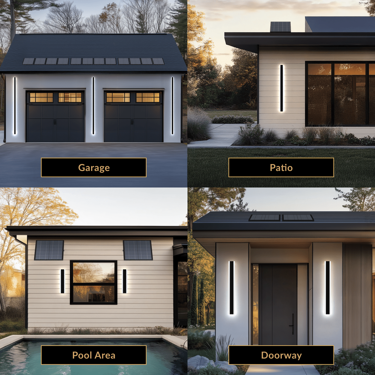 Haylen solar wall light shown on garage, patio, pool area and doorway exteriors