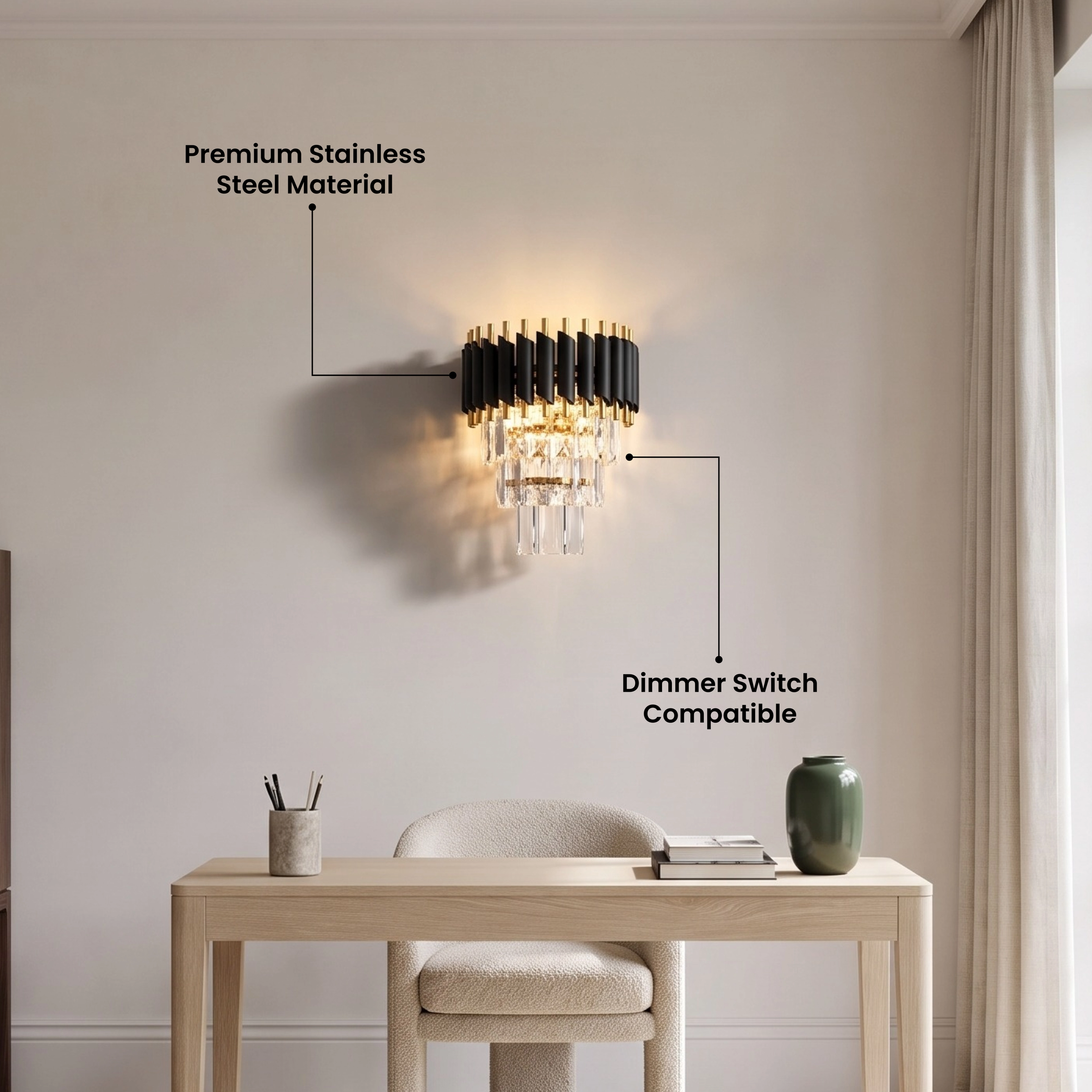 Onyx black and gold crystal wall sconce on a wall, labeled stainless steel, dimmable, replaceable LED bulbs