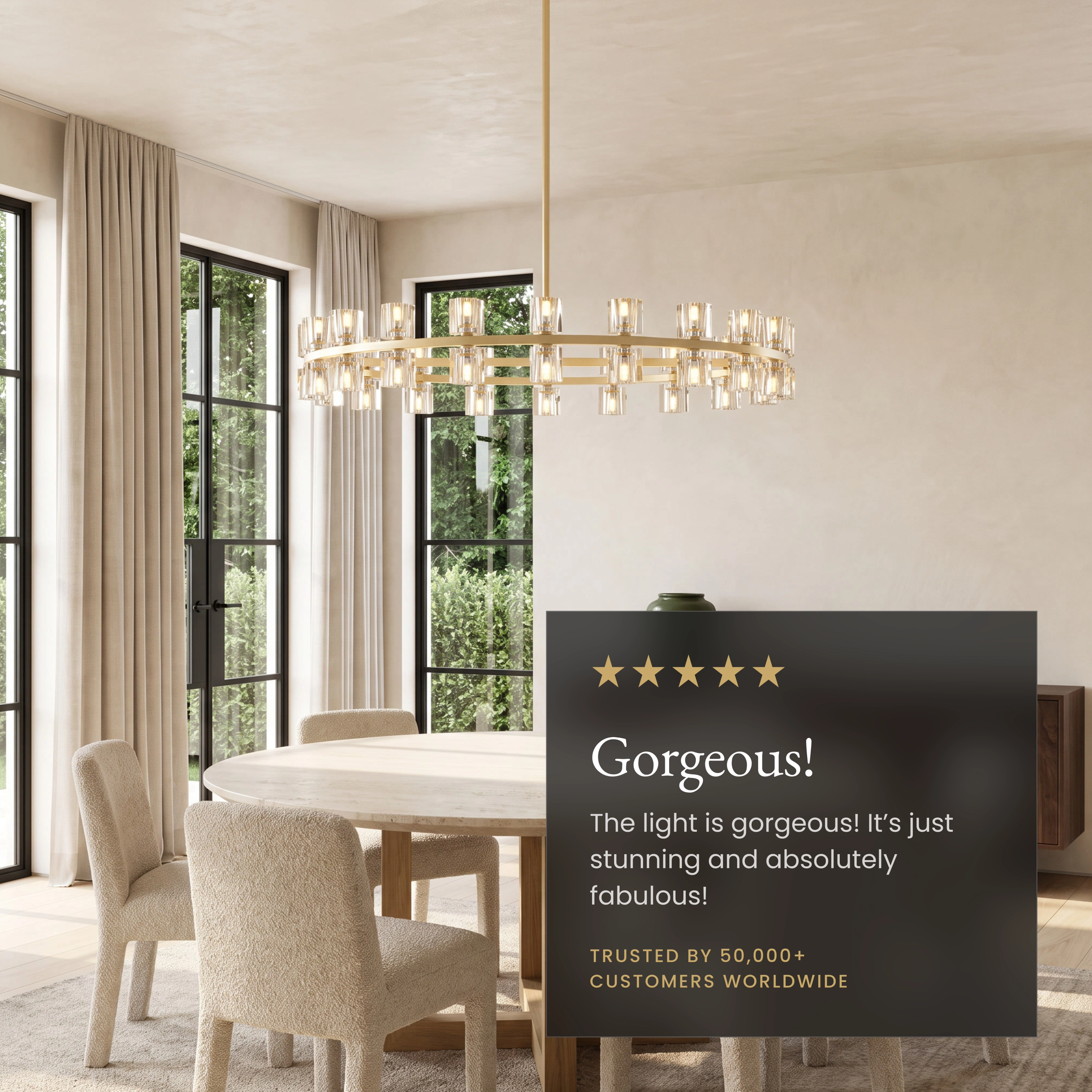 Sunrise brushed-gold ring chandelier with cube-cut crystal shades over a bed, noting adjustable rod and solid brass