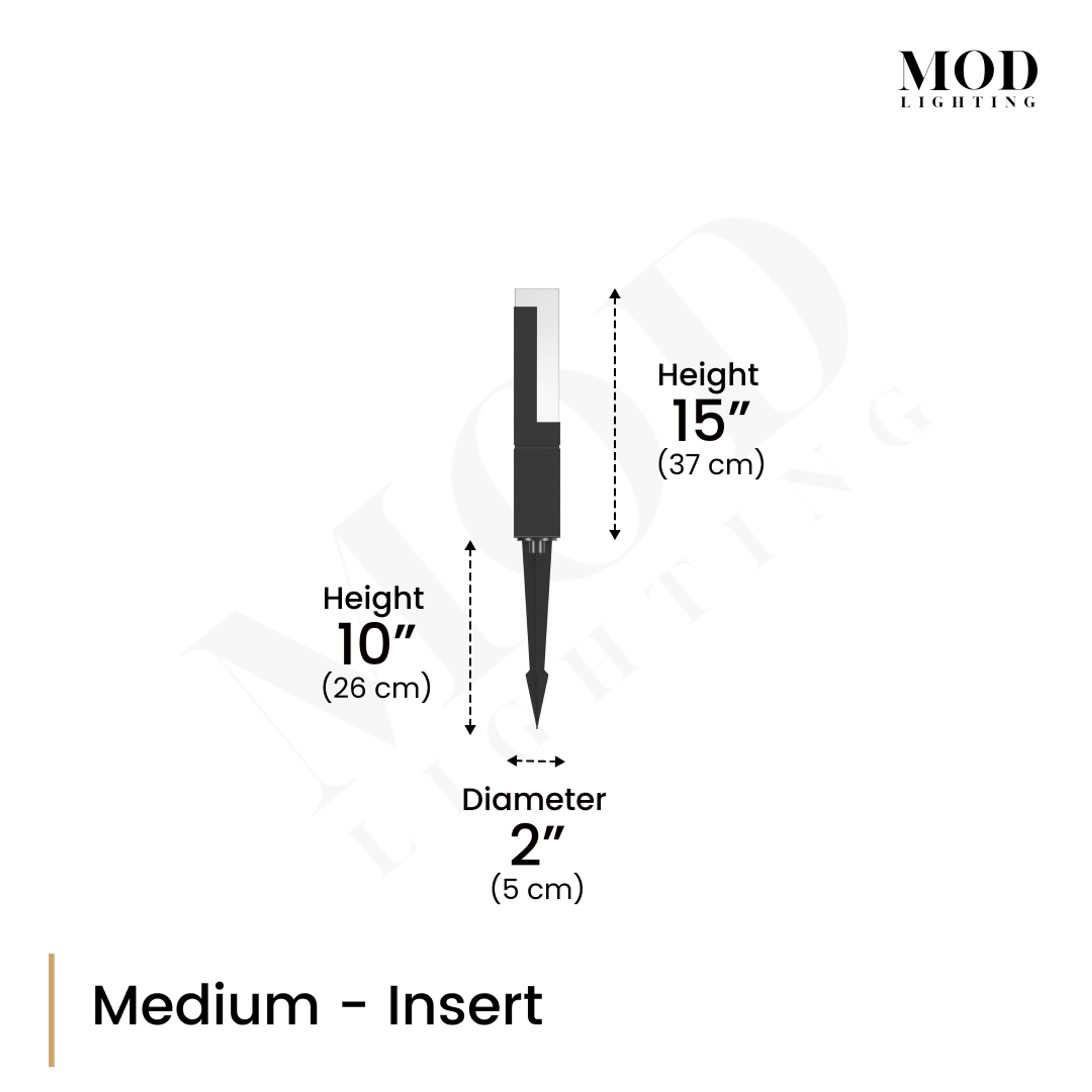 Meadow outdoor light diagram, medium ground-stake insert: 15in fixture height, 2in diameter