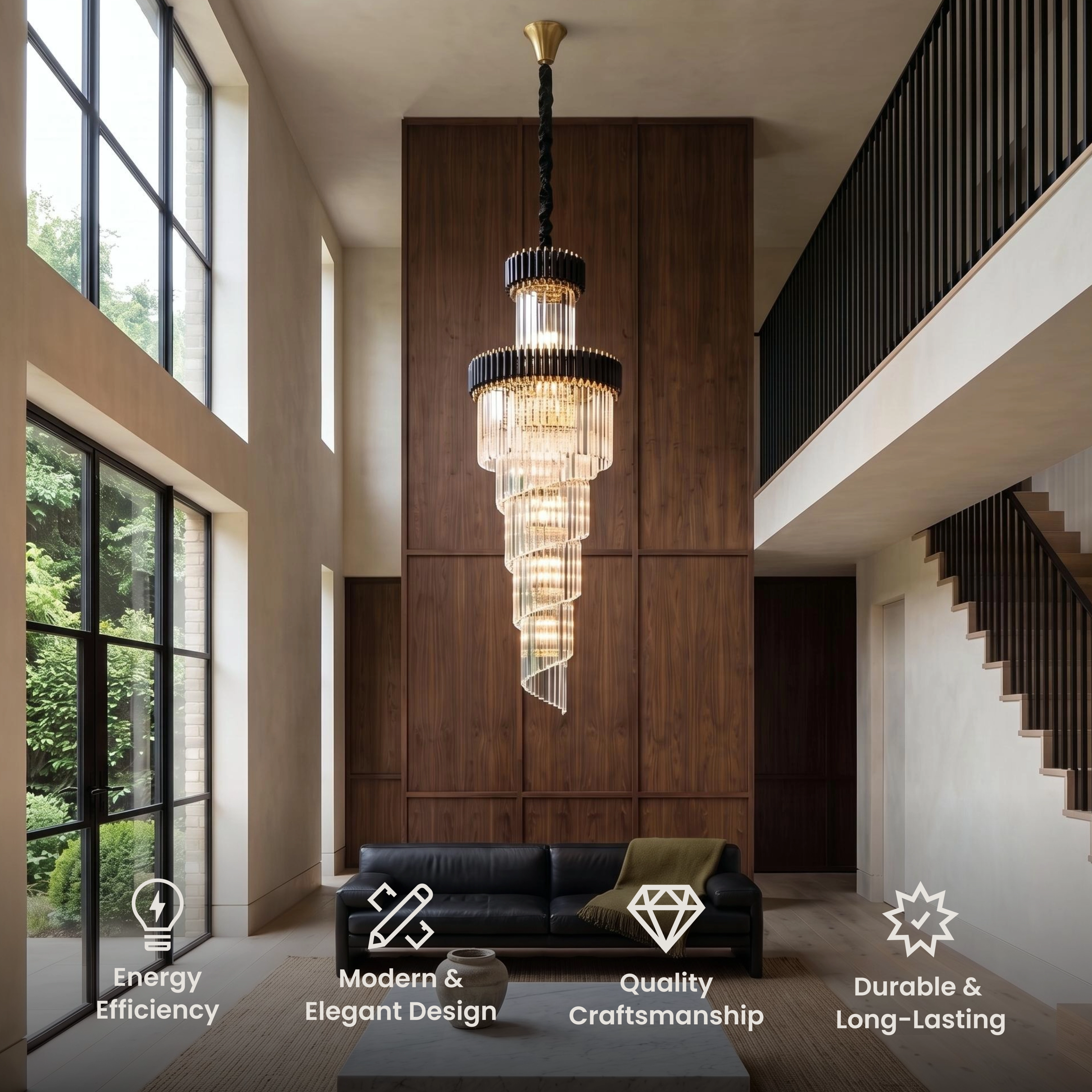 Onyx chandelier, tiered black and gold frame with clear crystal columns, in a dark luxury living room
