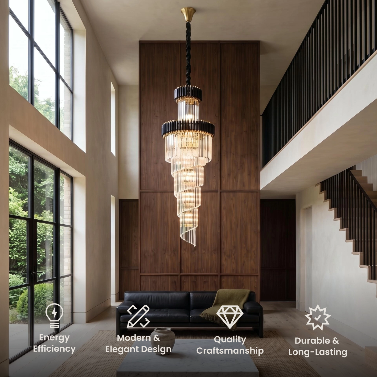 Onyx chandelier, tiered black and gold frame with clear crystal columns, in a dark luxury living room
