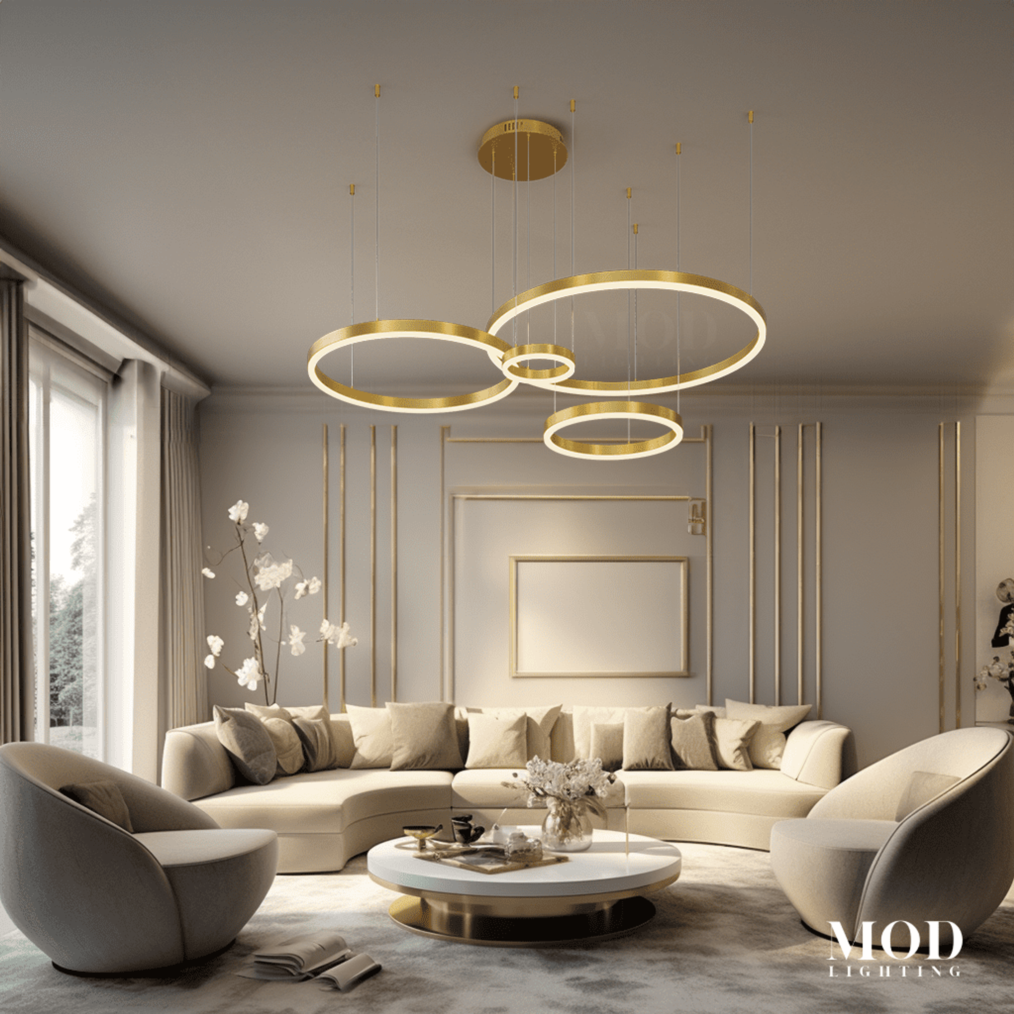 Charlotte chandelier, three concentric gold LED rings suspended over a curved living room sofa