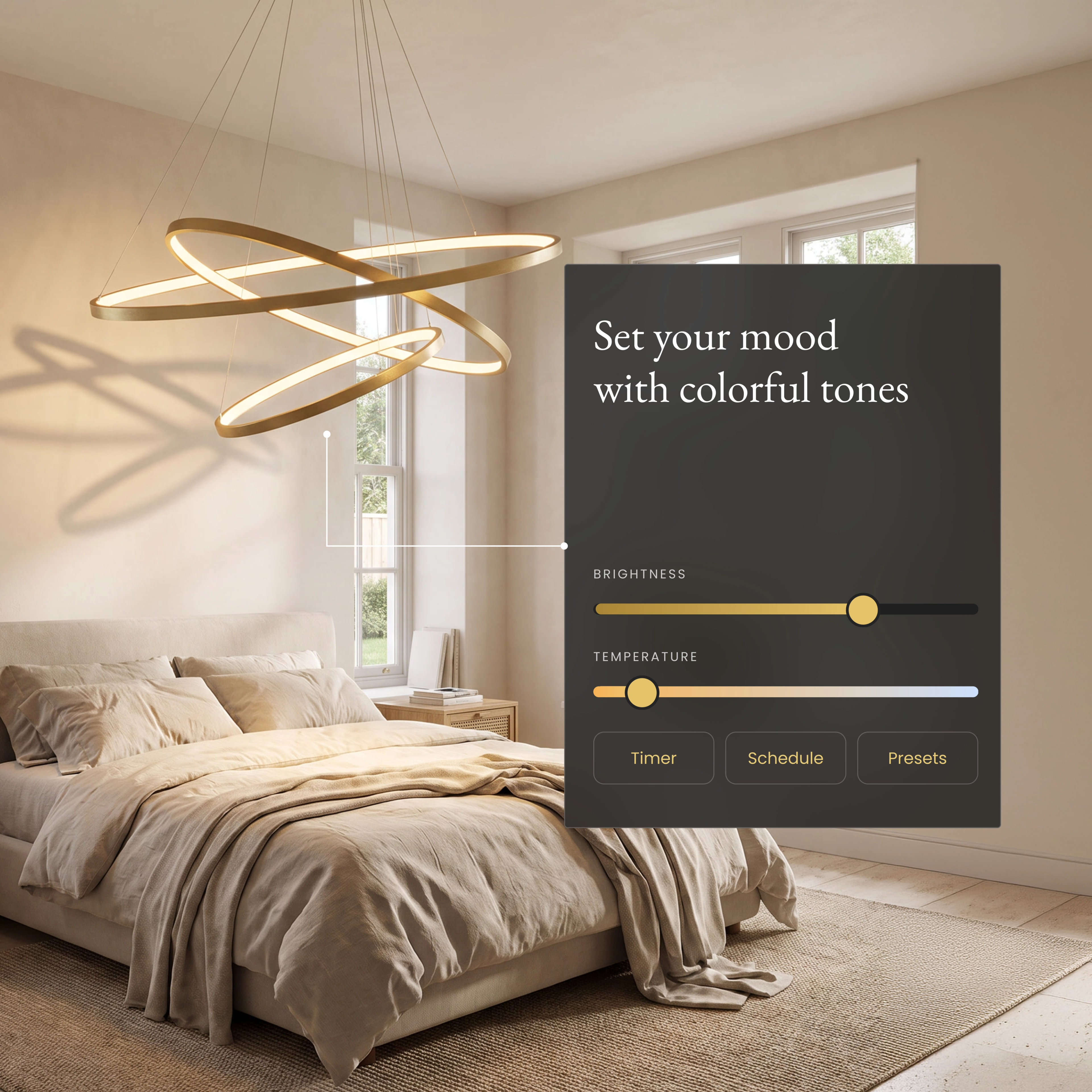 Janet Smart ring chandelier in a bedroom beside an app panel for brightness and color temperature